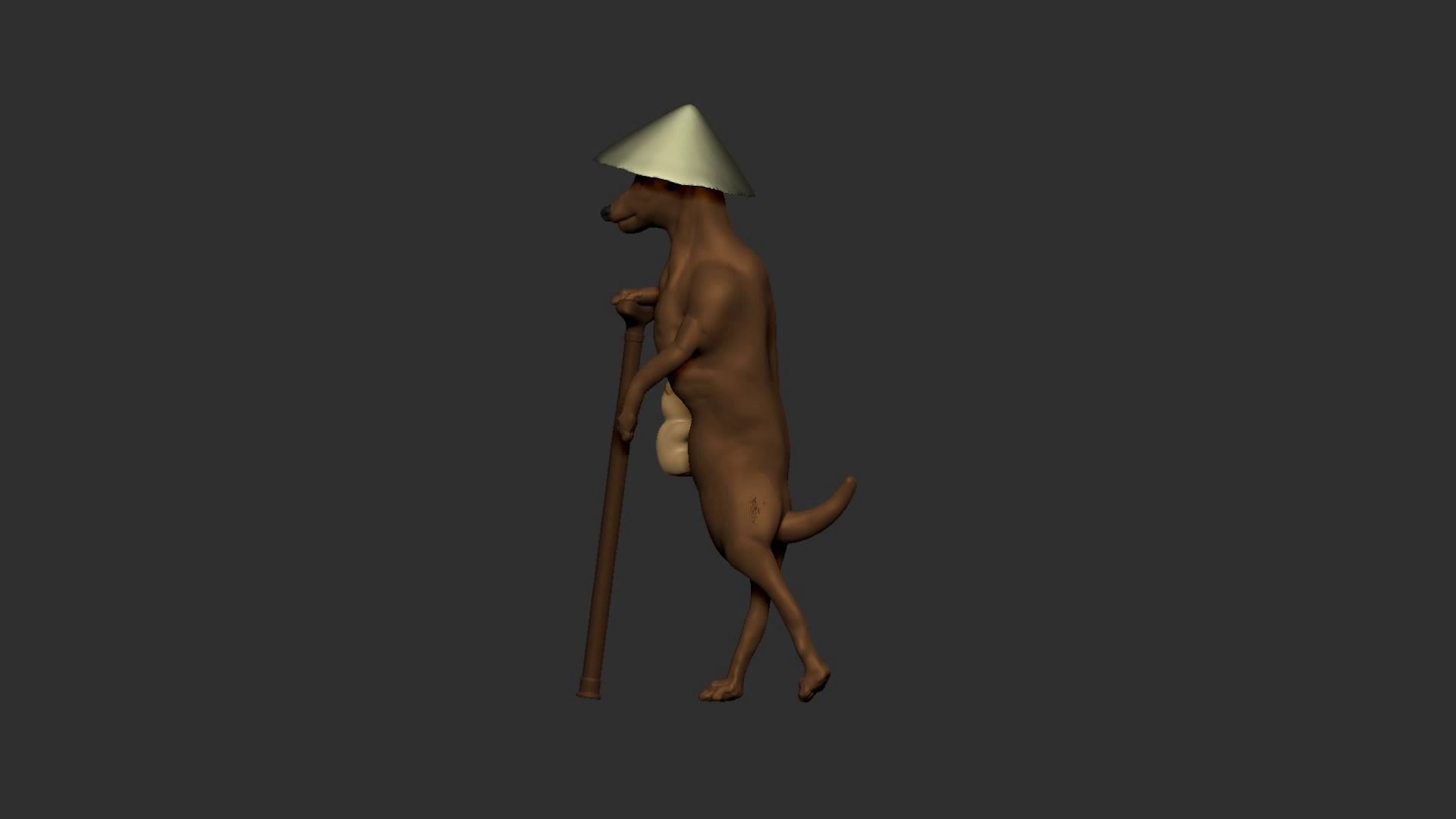 Dog wears hat and stands with a wood stick 3D model_7