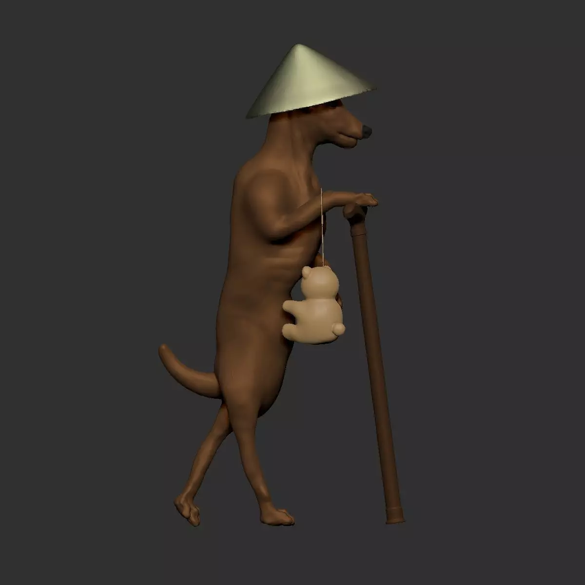 Dog wears hat and stands with a wood stick 3D model_0