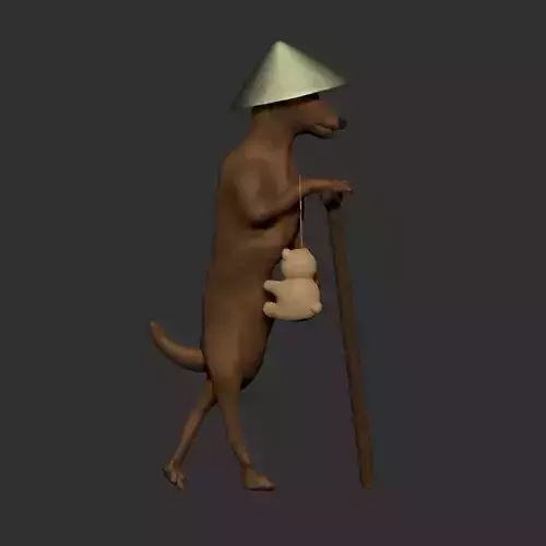 Dog wears hat and stands with a wood stick