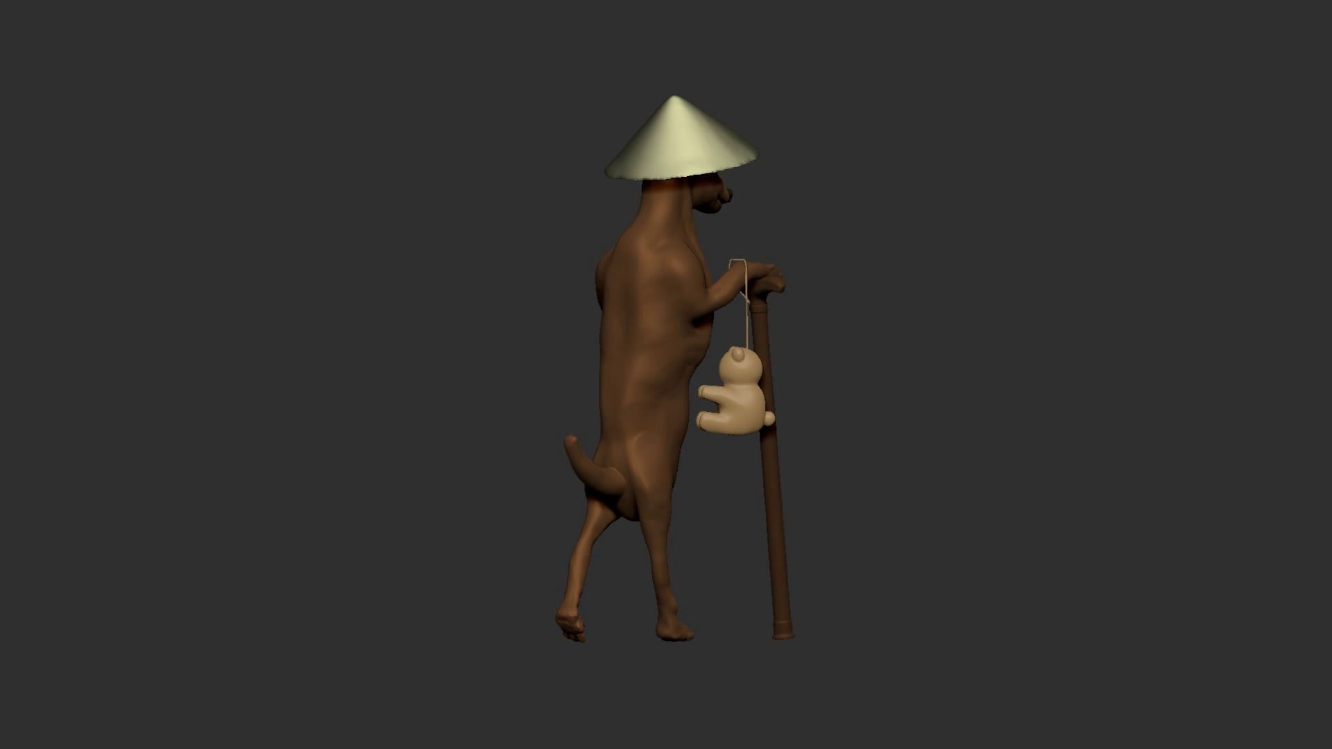 Dog wears hat and stands with a wood stick 3D model_2