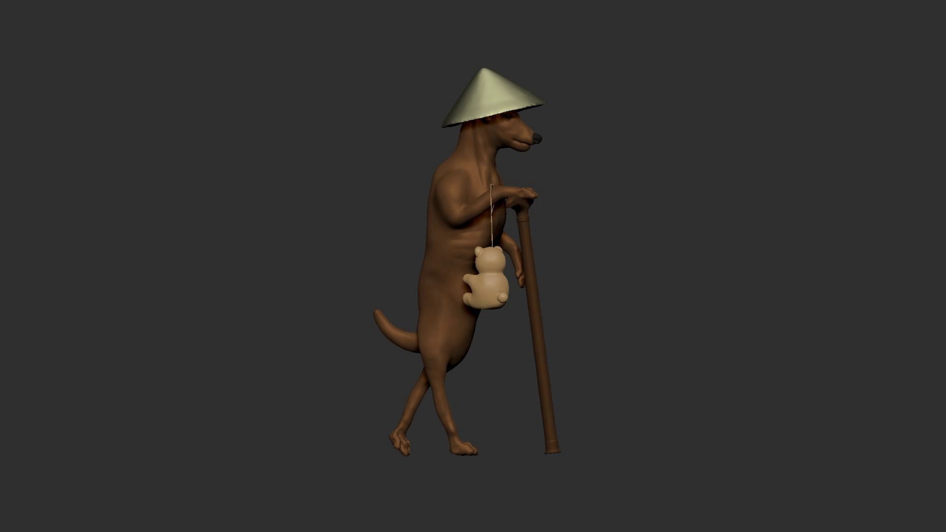 Dog wears hat and stands with a wood stick 3D model_18