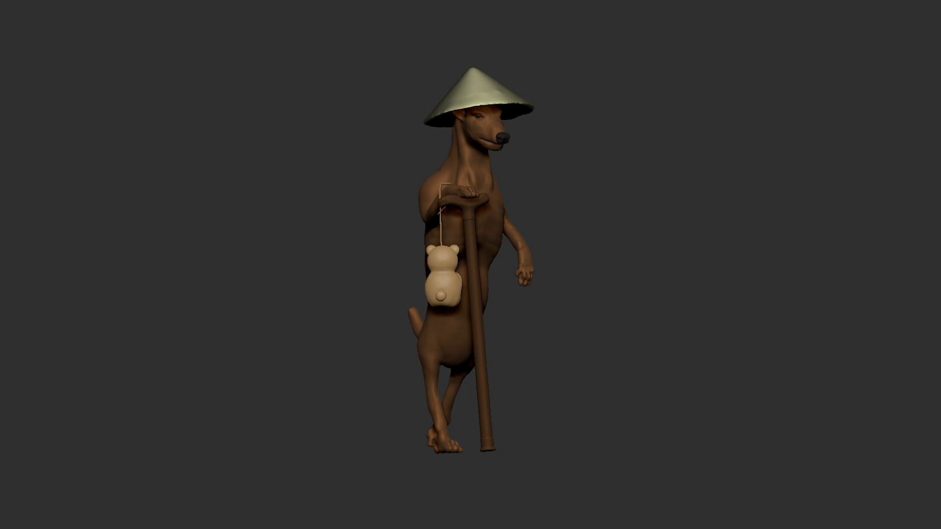 Dog wears hat and stands with a wood stick 3D model_15