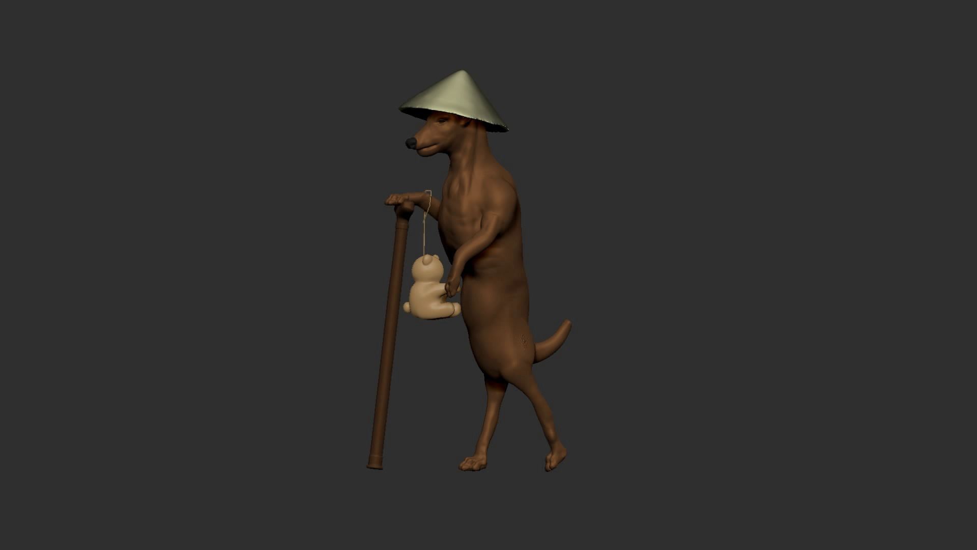Dog wears hat and stands with a wood stick 3D model_9