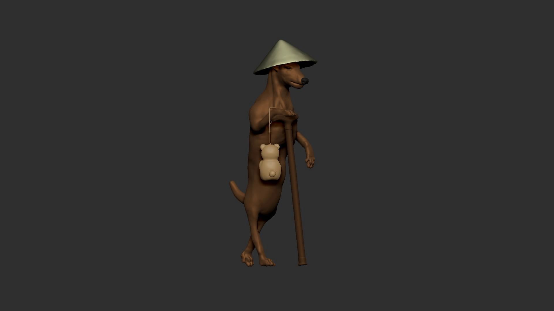 Dog wears hat and stands with a wood stick 3D model_16