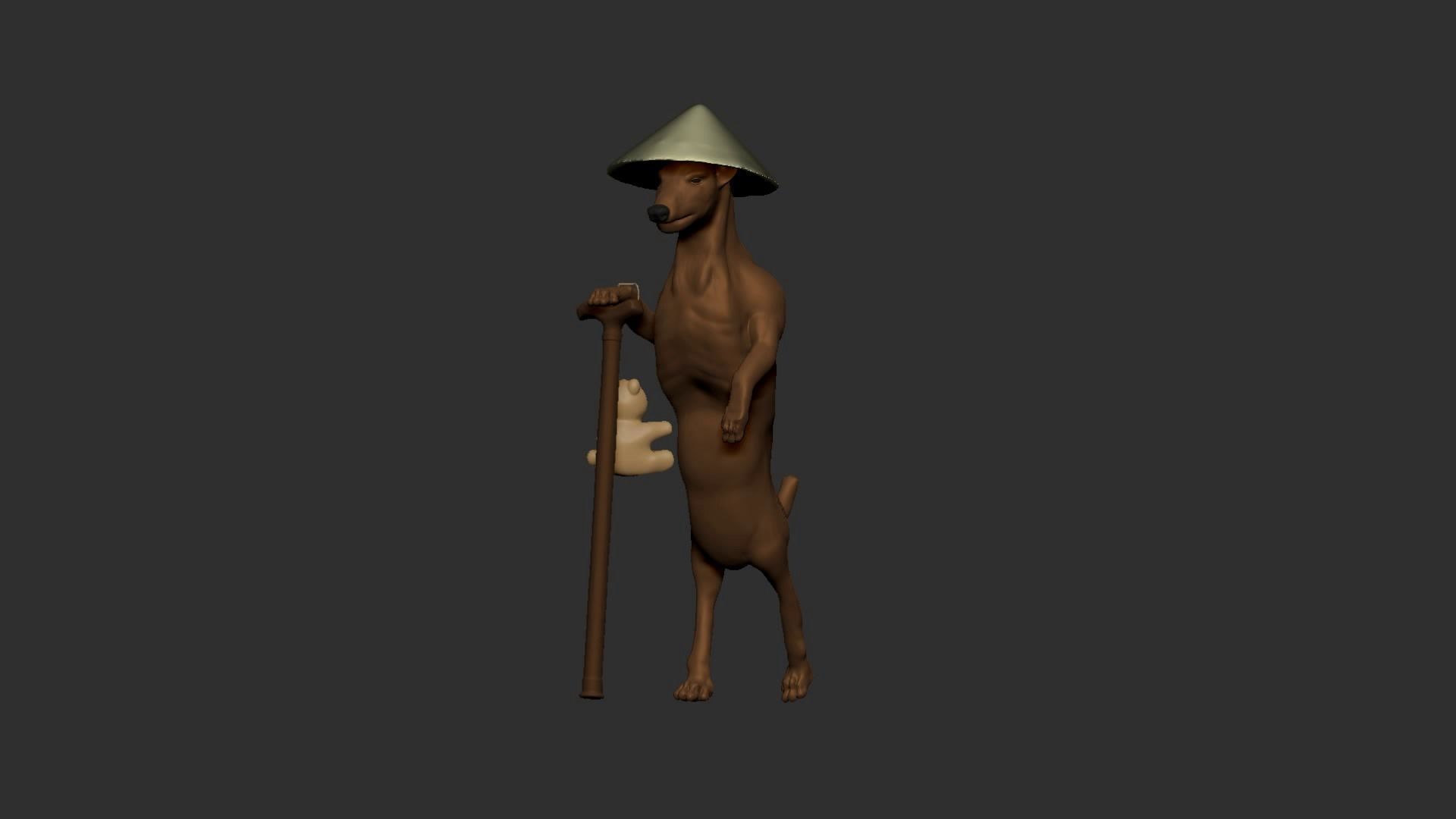 Dog wears hat and stands with a wood stick 3D model_11