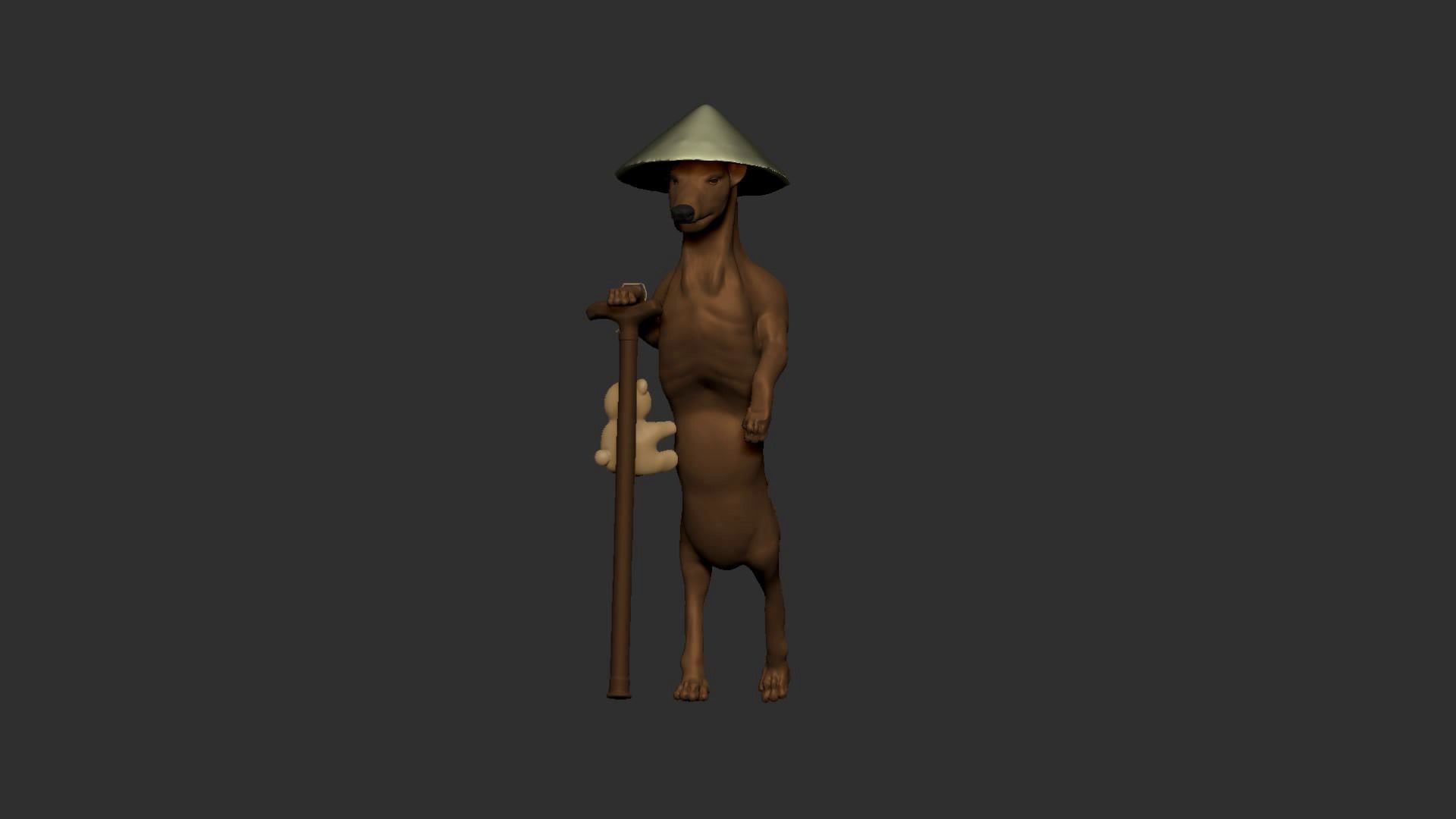 Dog wears hat and stands with a wood stick 3D model_12