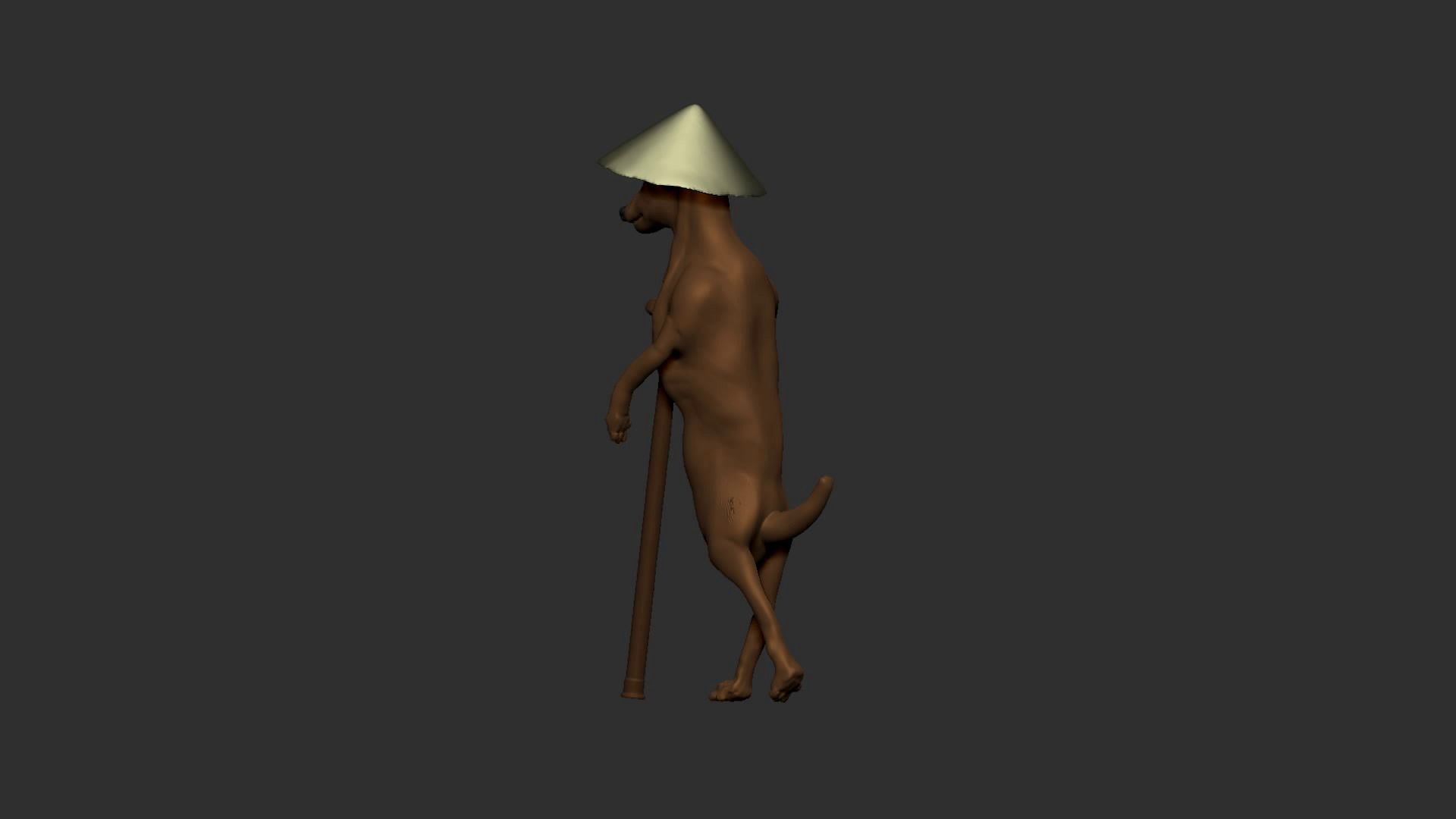Dog wears hat and stands with a wood stick 3D model_6