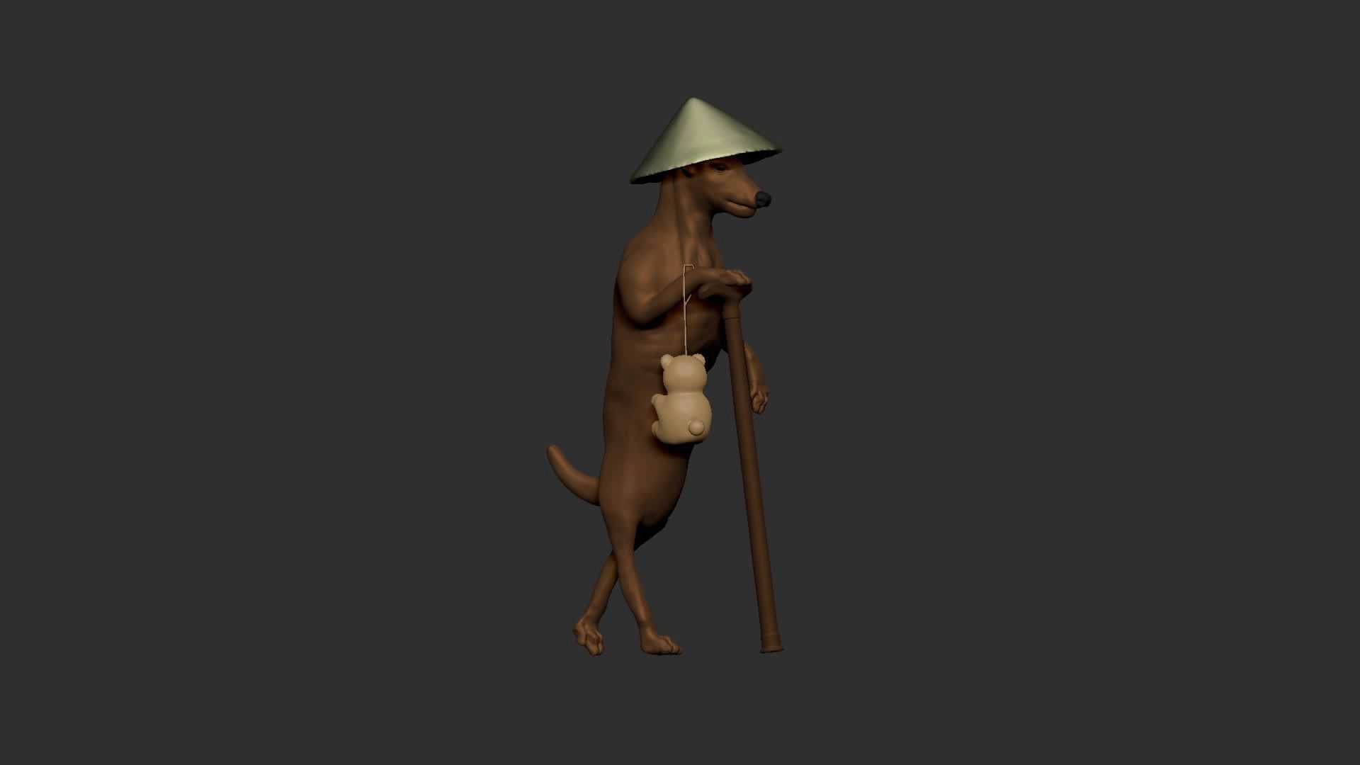 Dog wears hat and stands with a wood stick 3D model_17