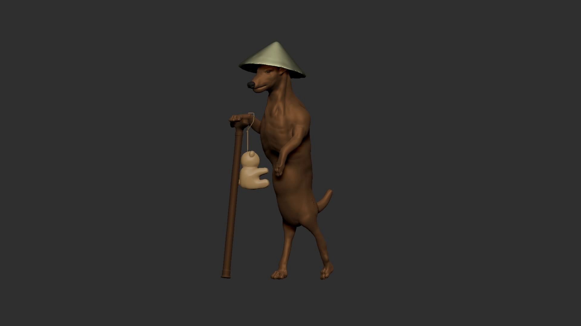 Dog wears hat and stands with a wood stick 3D model_10