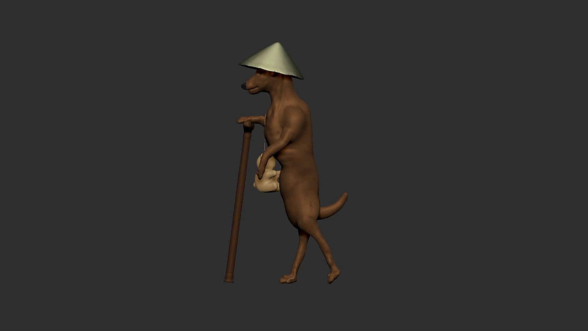 Dog wears hat and stands with a wood stick 3D model_8