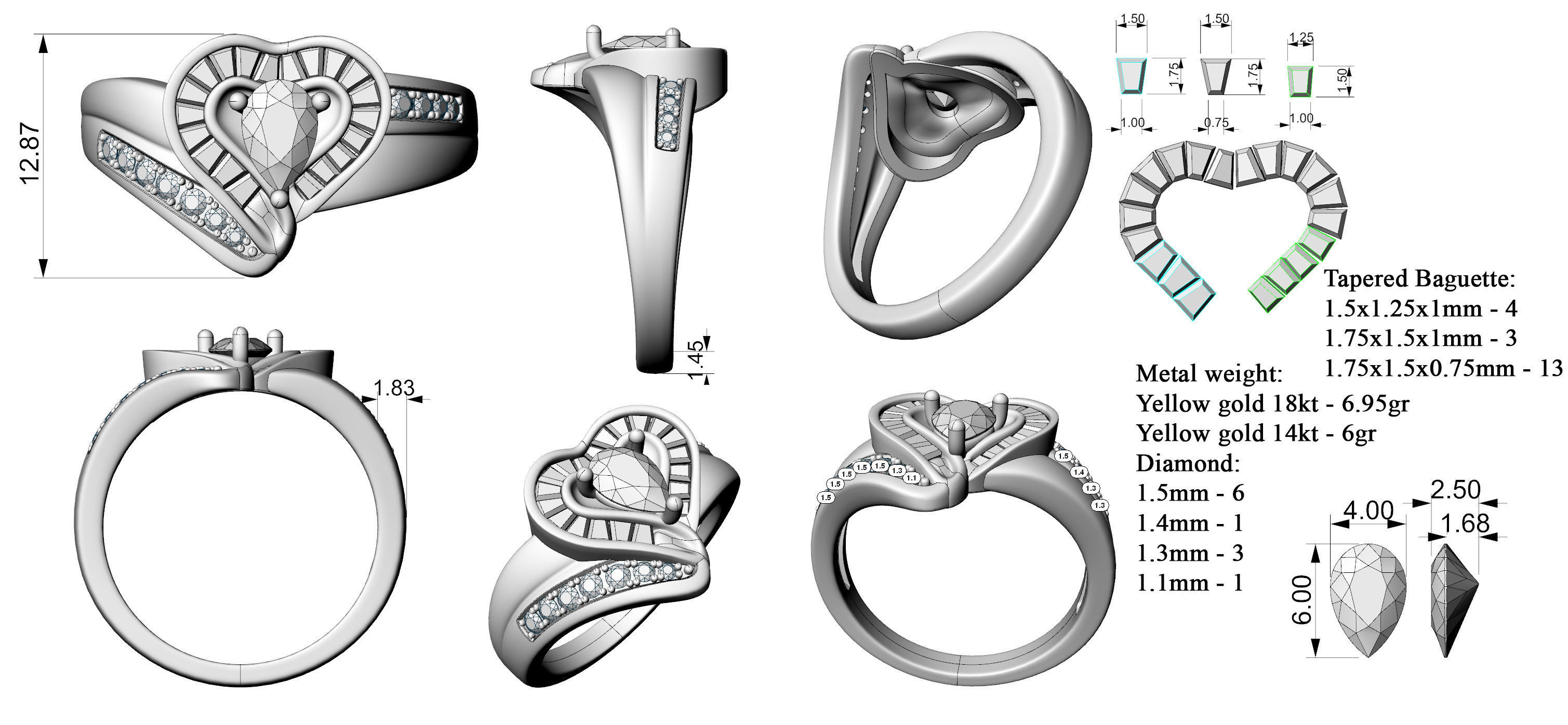 Heart Ring With Baguettes 3D print model_1