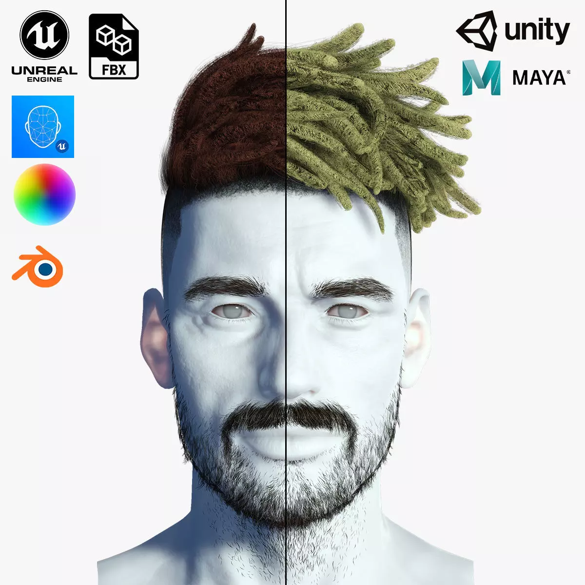 Realistic Hair Male Beard brows mustache p8 card  Low-poly 3D model_0