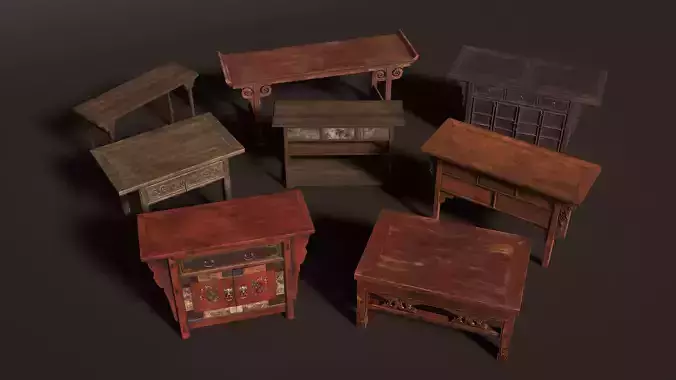 3D Antique Asian Chinese style furniture tables cabinets Low-poly 3D model