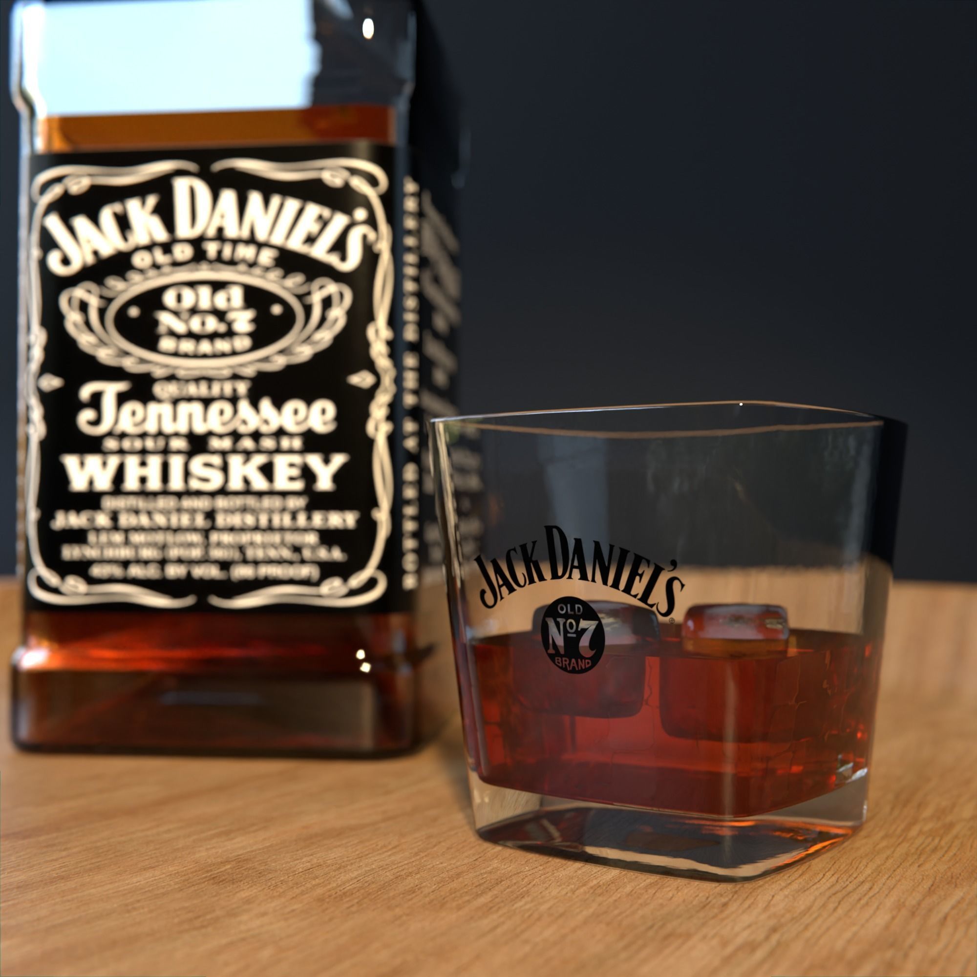 Jack Daniels Bottle and glass with ice cubes Low-poly 3D model_5