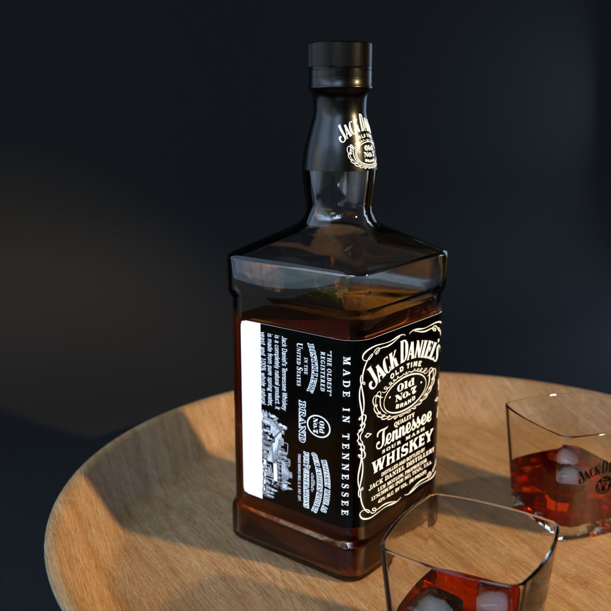 Jack Daniels Bottle and glass with ice cubes Low-poly 3D model_3