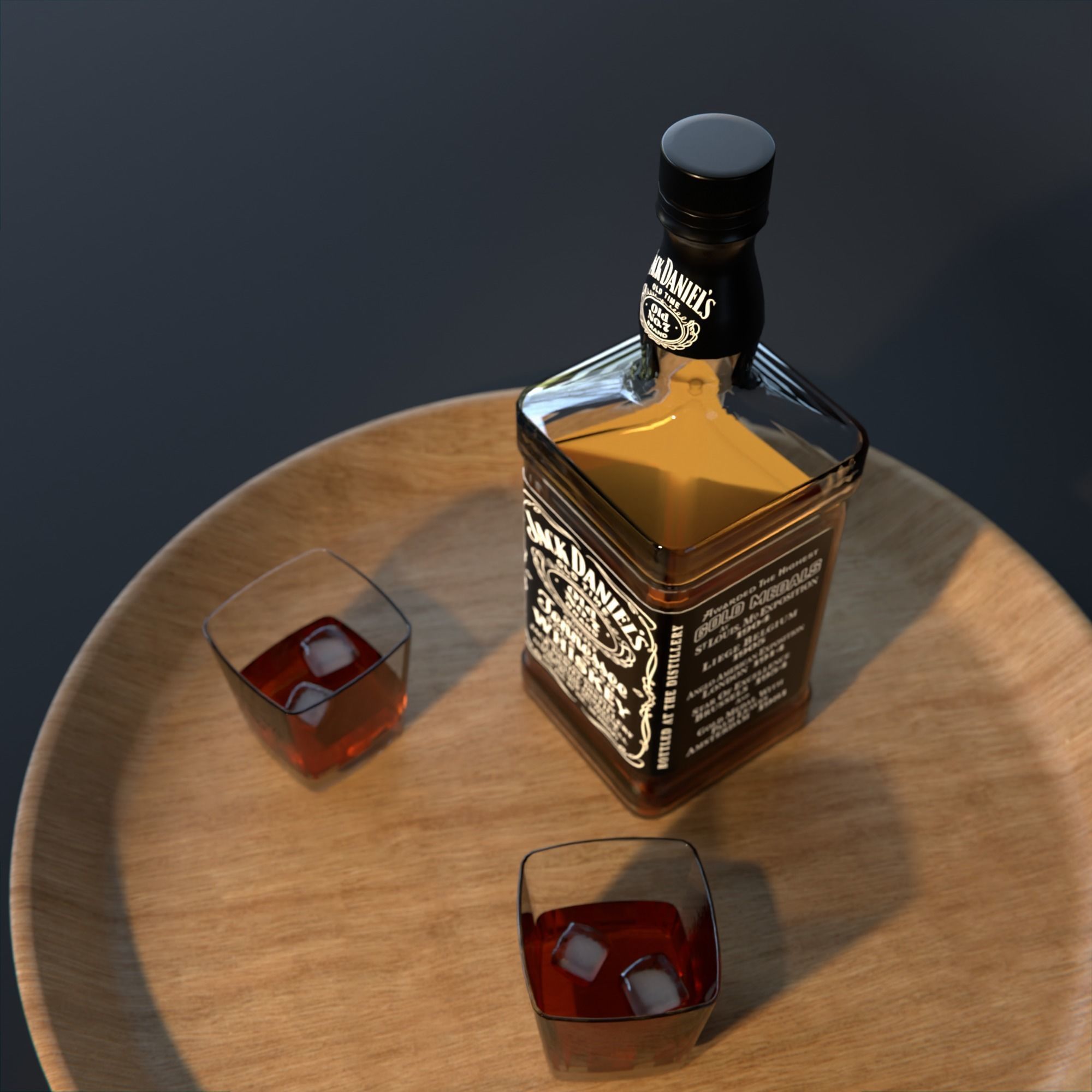 Jack Daniels Bottle and glass with ice cubes Low-poly 3D model_4