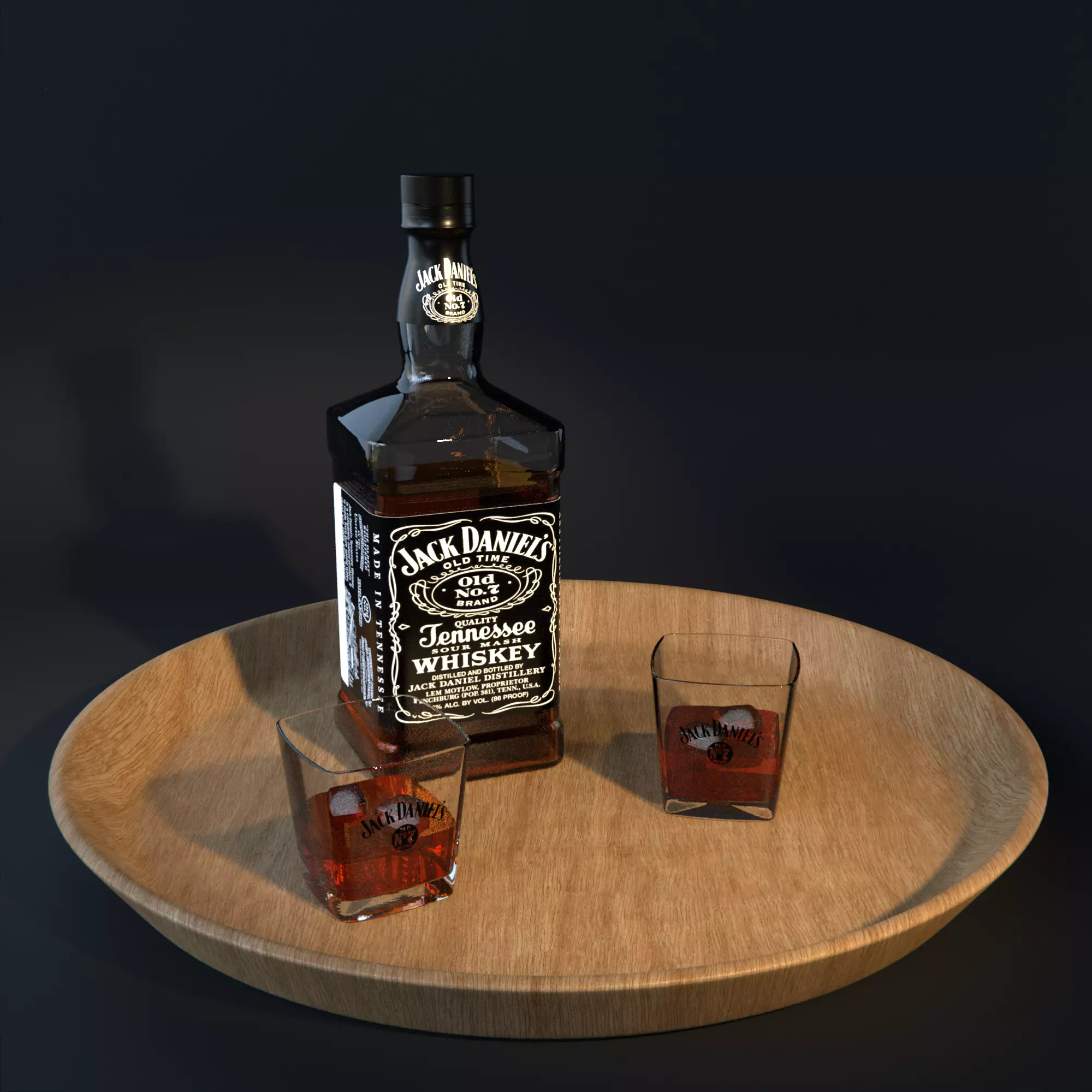 Jack Daniels Bottle and glass with ice cubes Low-poly 3D model_0
