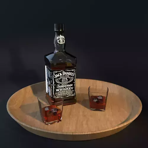 Jack Daniels Bottle and glass with ice cubes