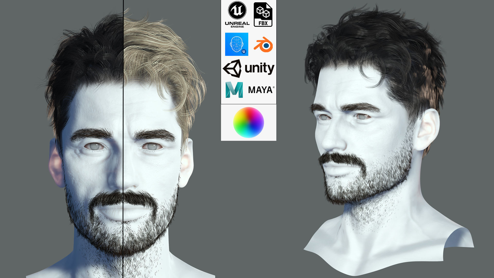 Realistic Hair Beard brows mustache Low-poly 3D model_1