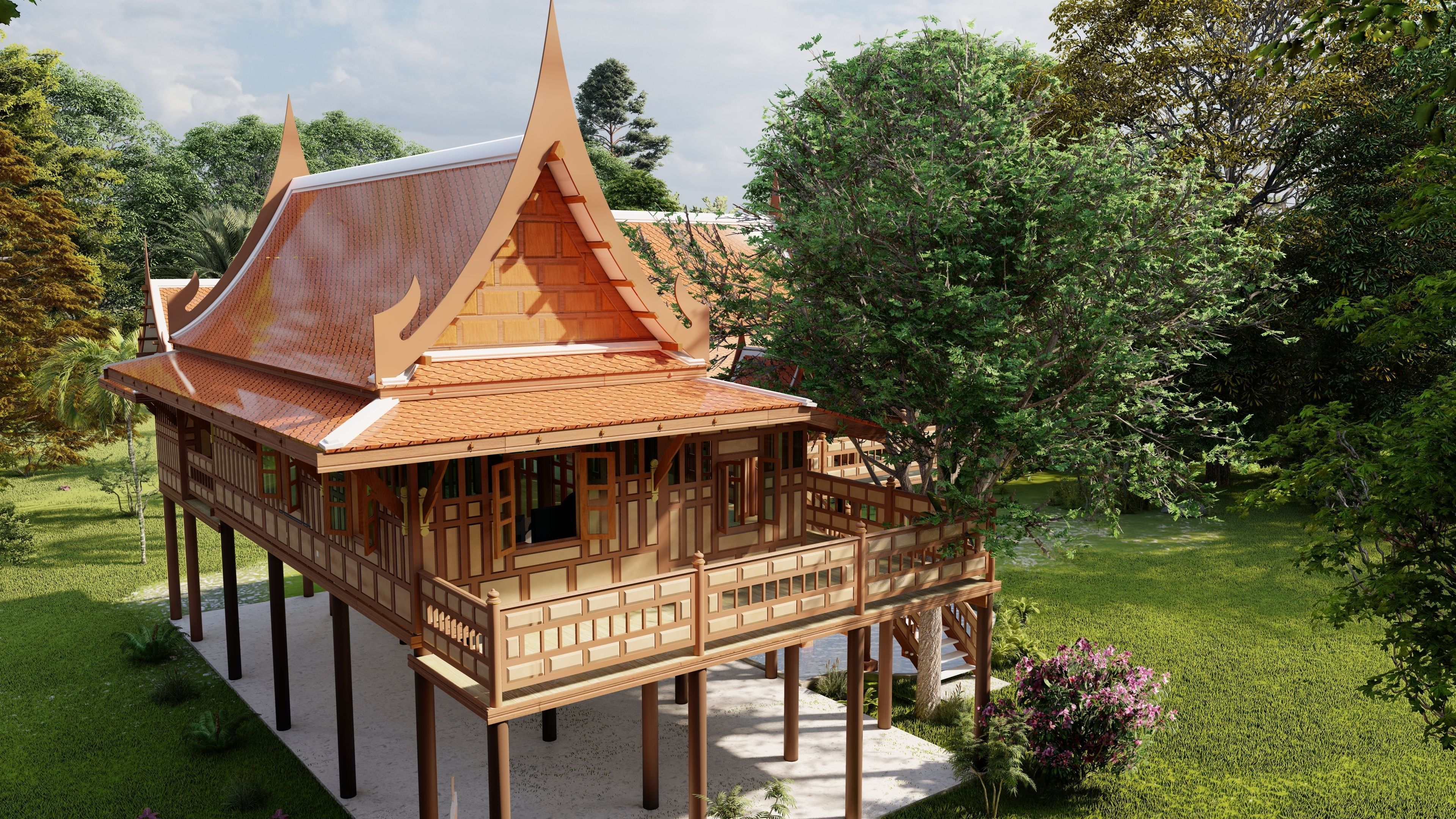 thaihome thai house in forest Low-poly 3D model_1