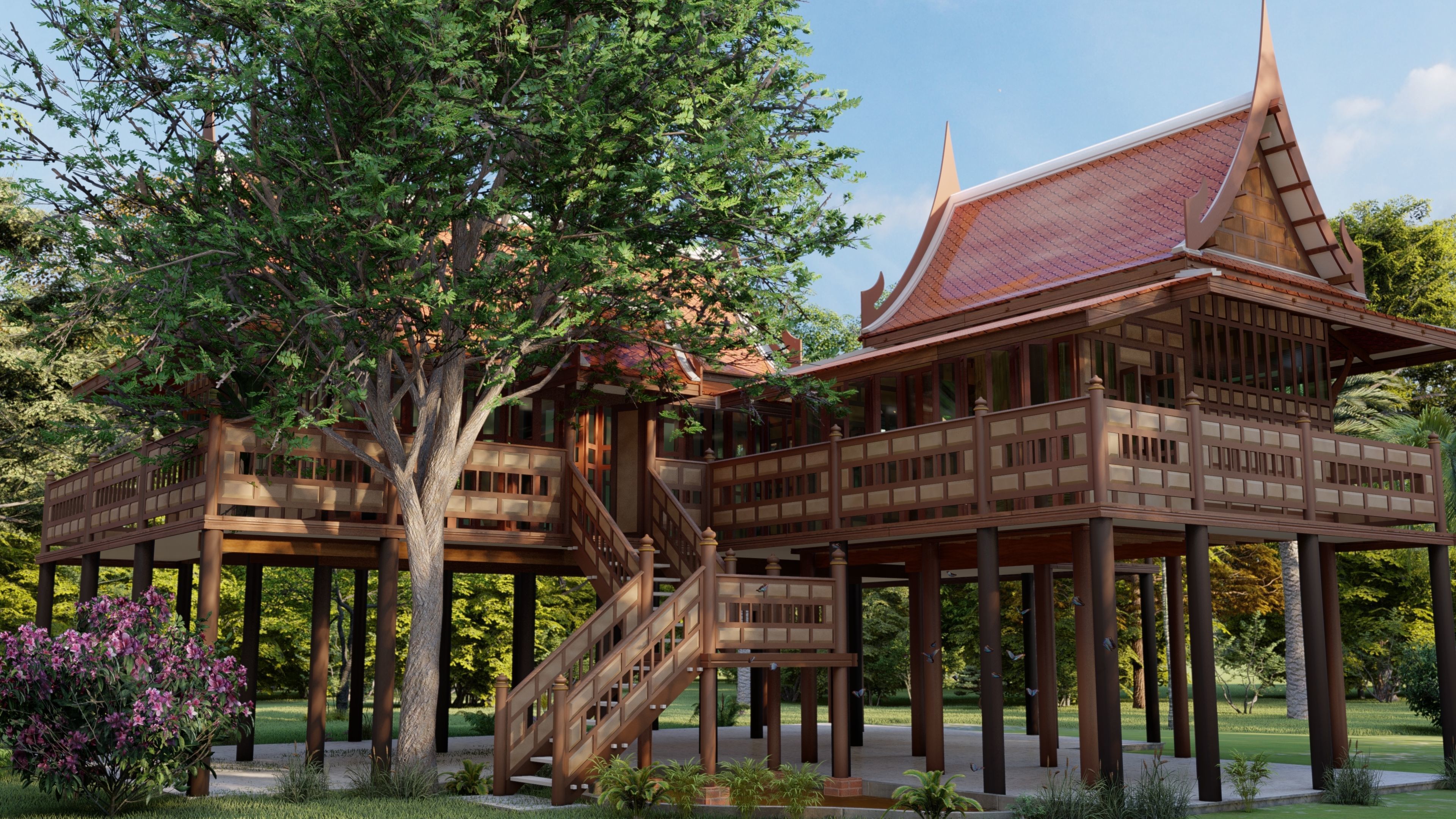 thaihome thai house in forest Low-poly 3D model_3