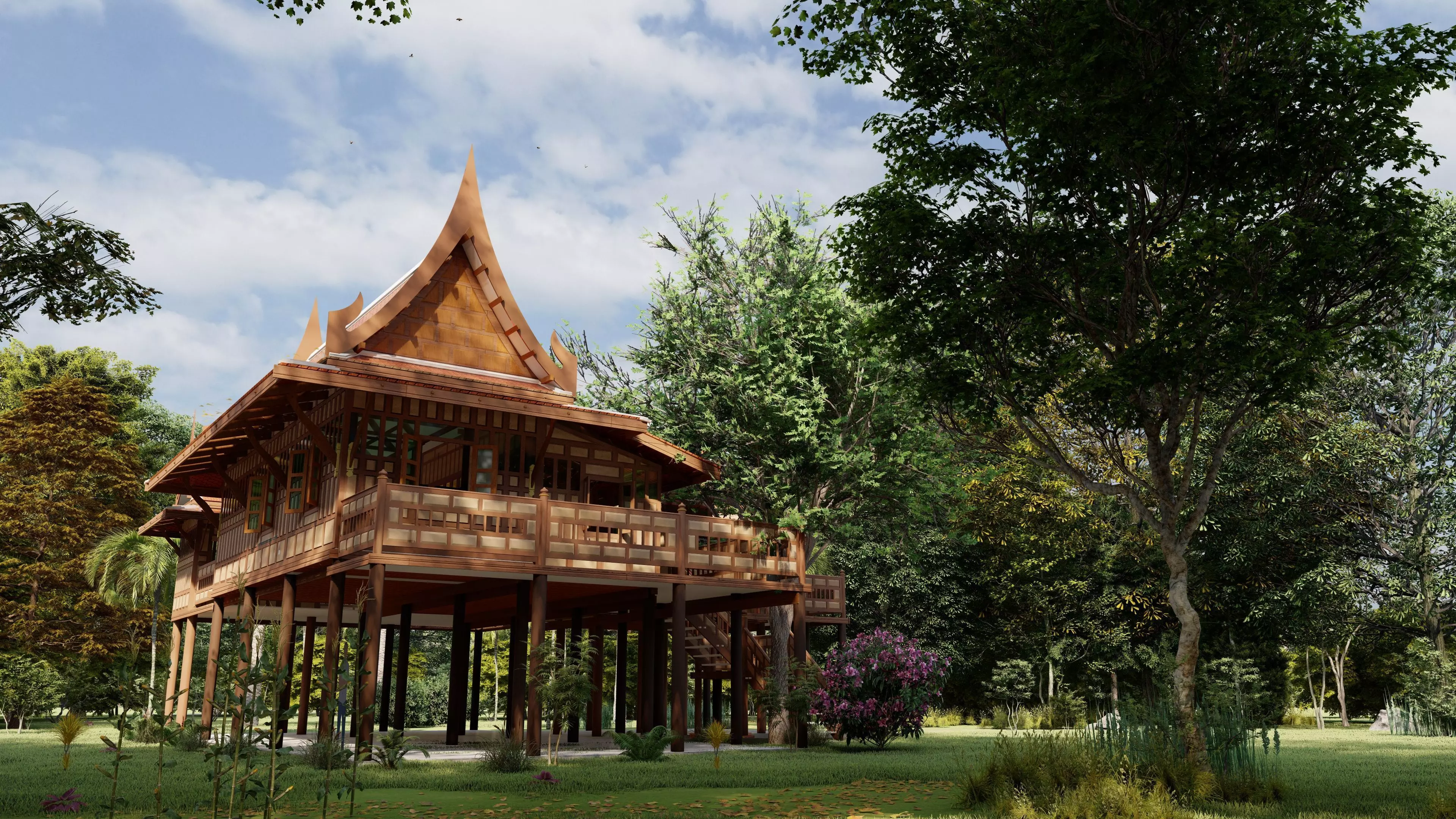 thaihome thai house in forest Low-poly 3D model_0