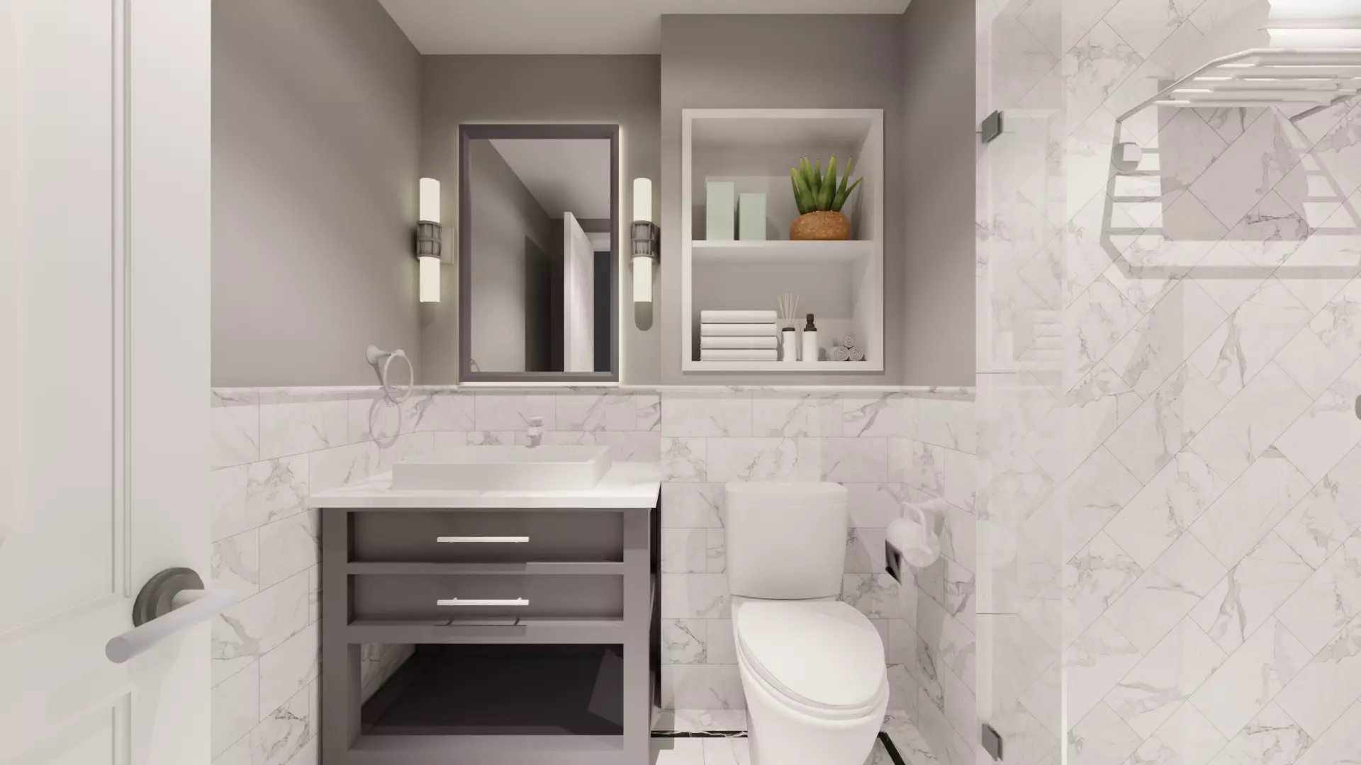 Toilet bathroom with walls and marble floors 3D model_0