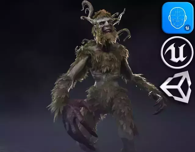 Leshy creature with long hair and horns Low-poly 3D model