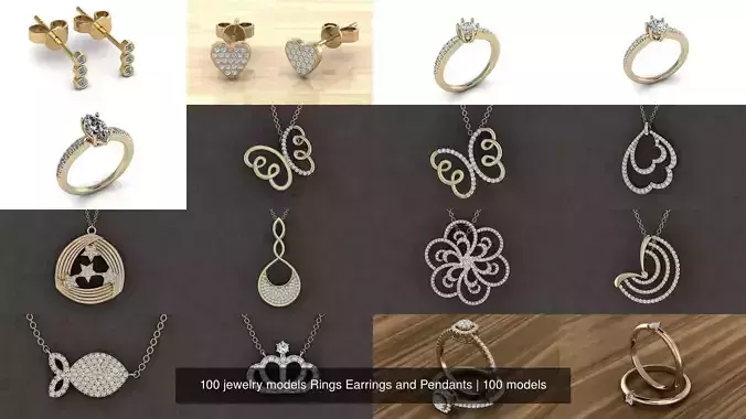 100 jewelry models Rings Earrings and Pendants 3D Model Collection