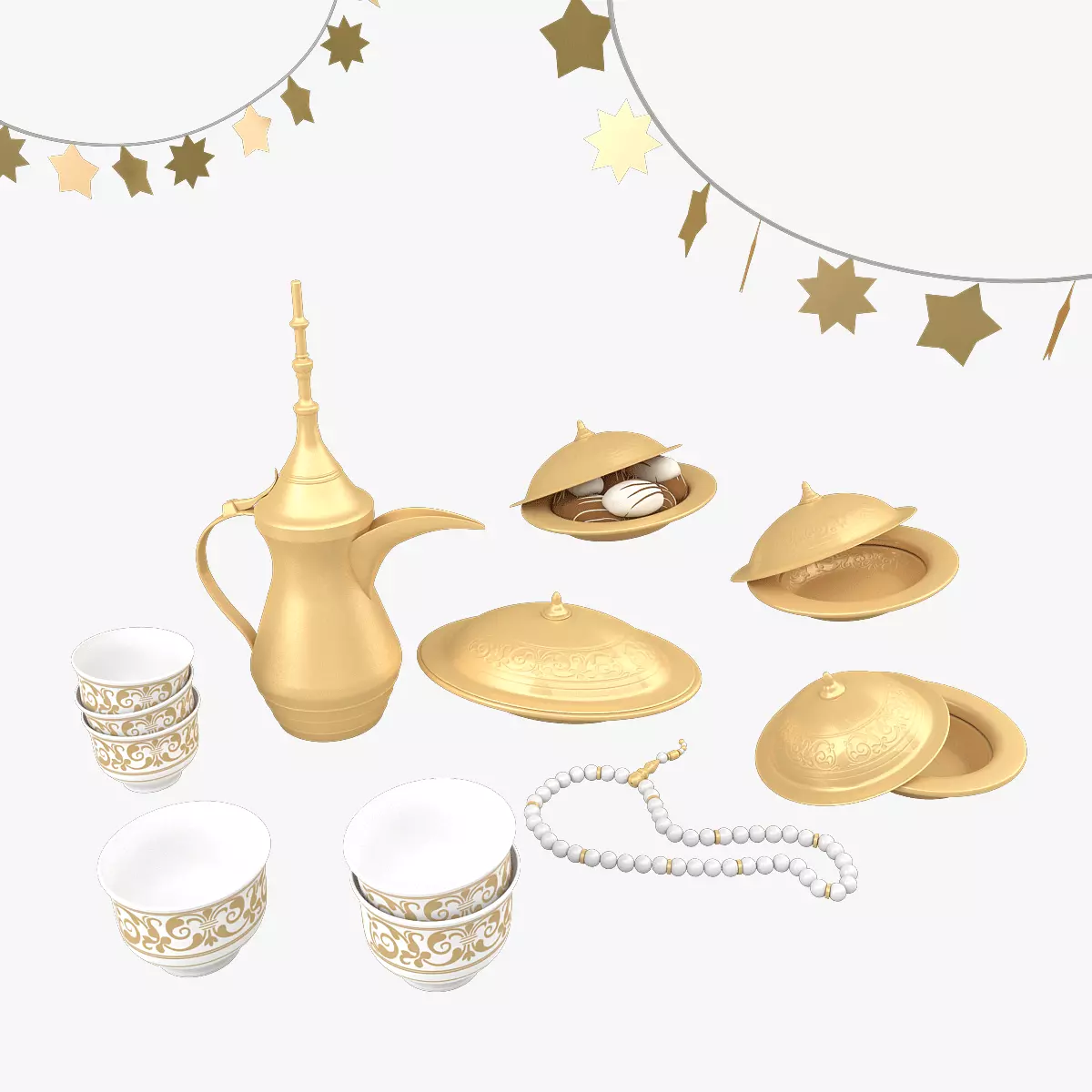 Eid Set gold arabic coffee pot and cups 3D model_0