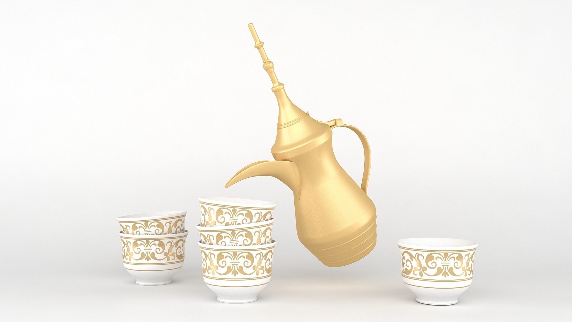 Eid Set gold arabic coffee pot and cups 3D model_2
