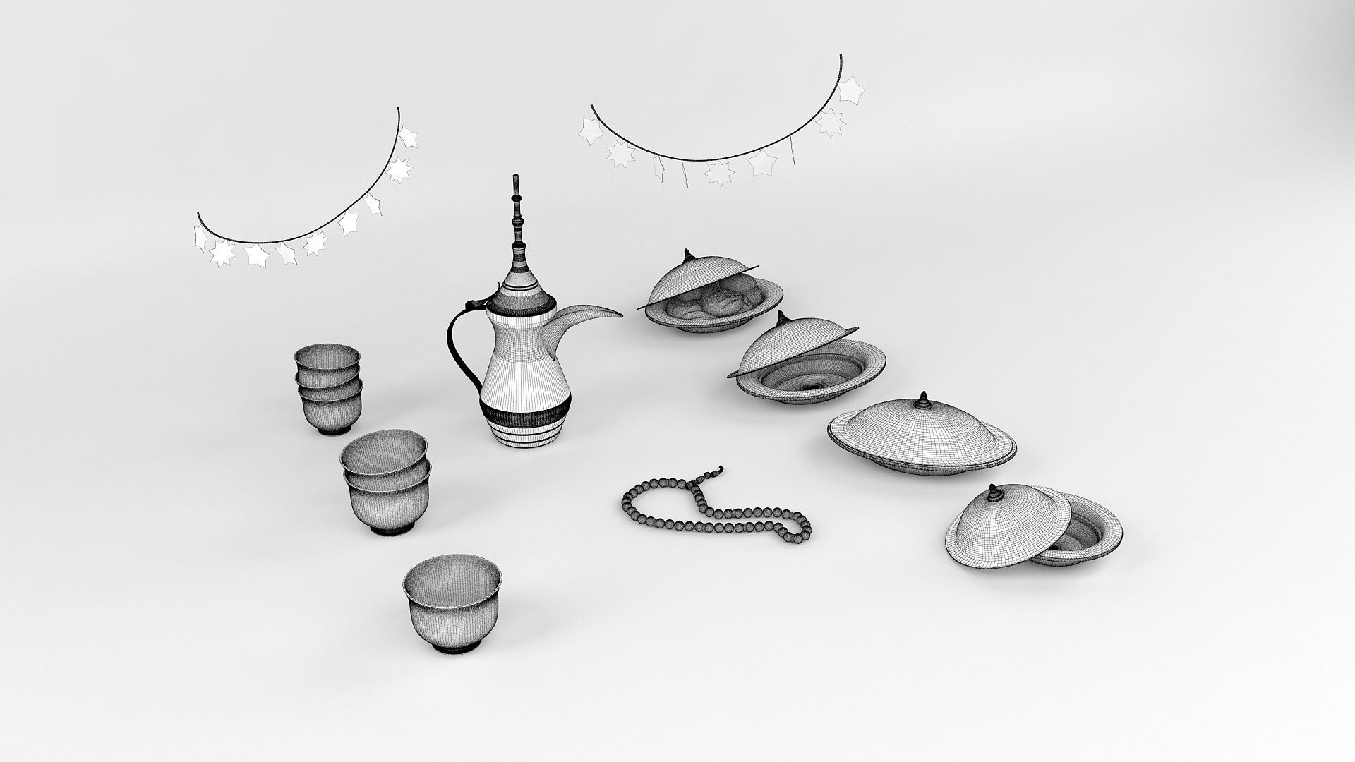 Eid Set gold arabic coffee pot and cups 3D model_9