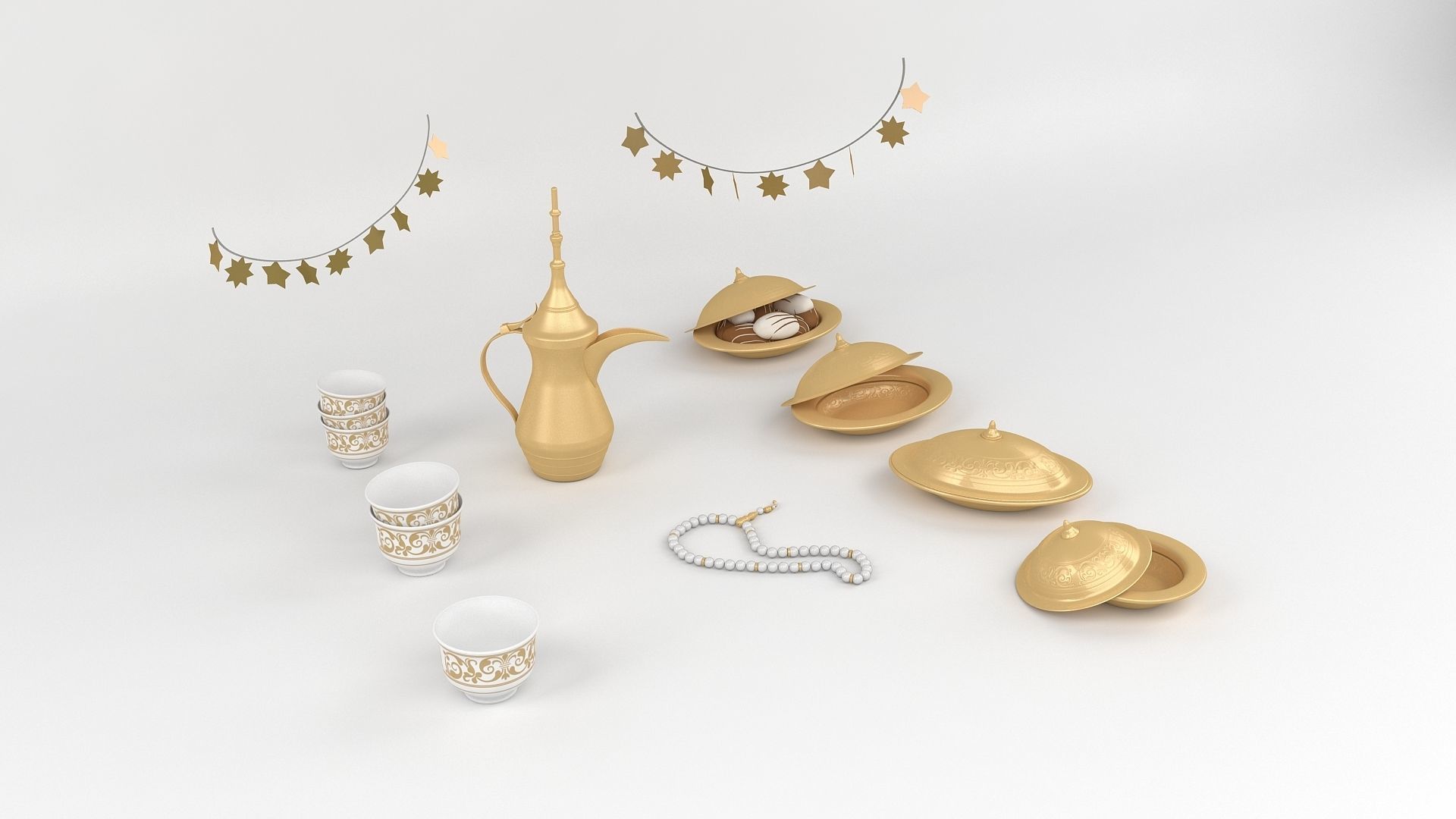 Eid Set gold arabic coffee pot and cups 3D model_1