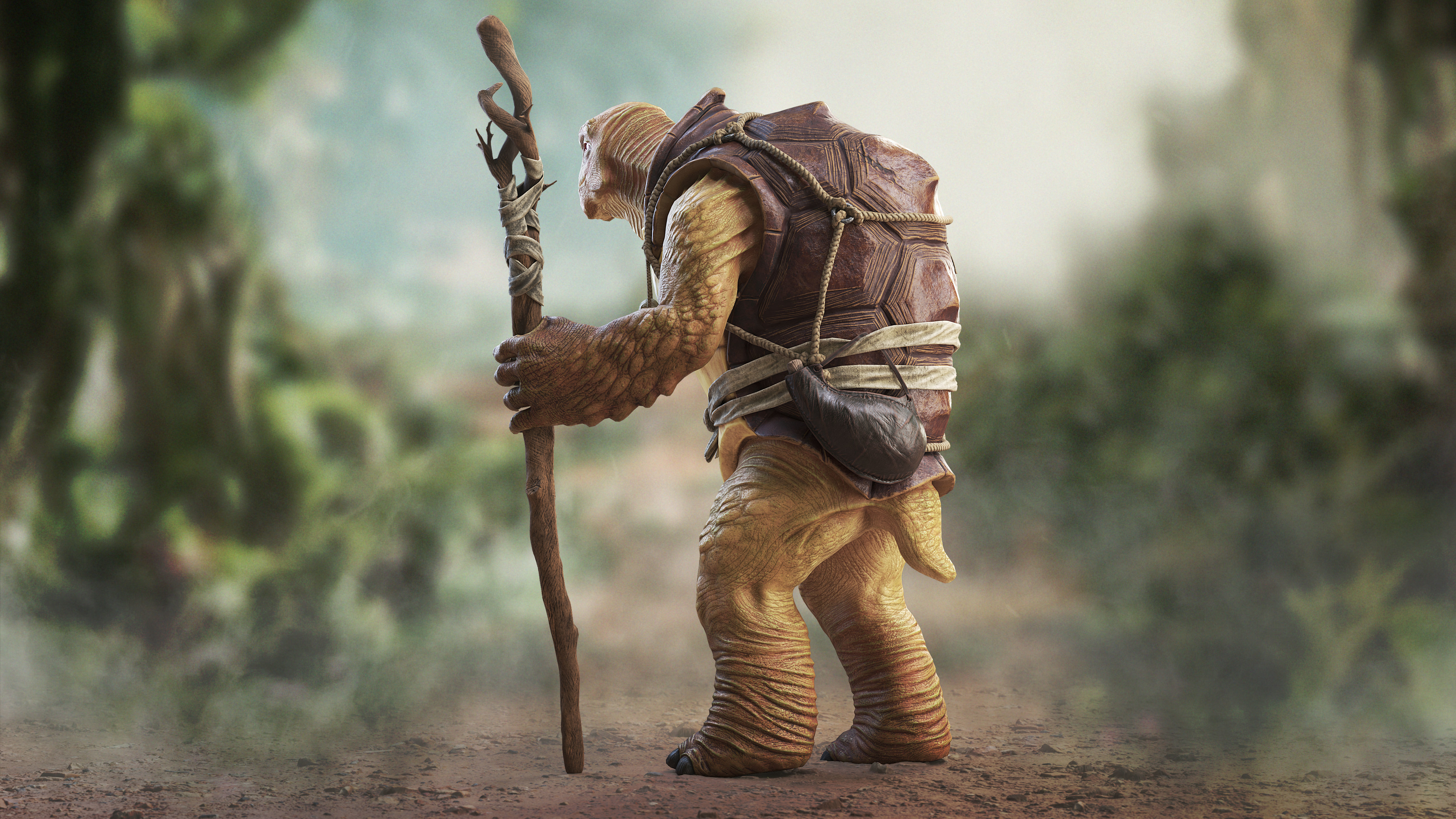 Turtle star wars character in woods with stick Low-poly 3D model_3