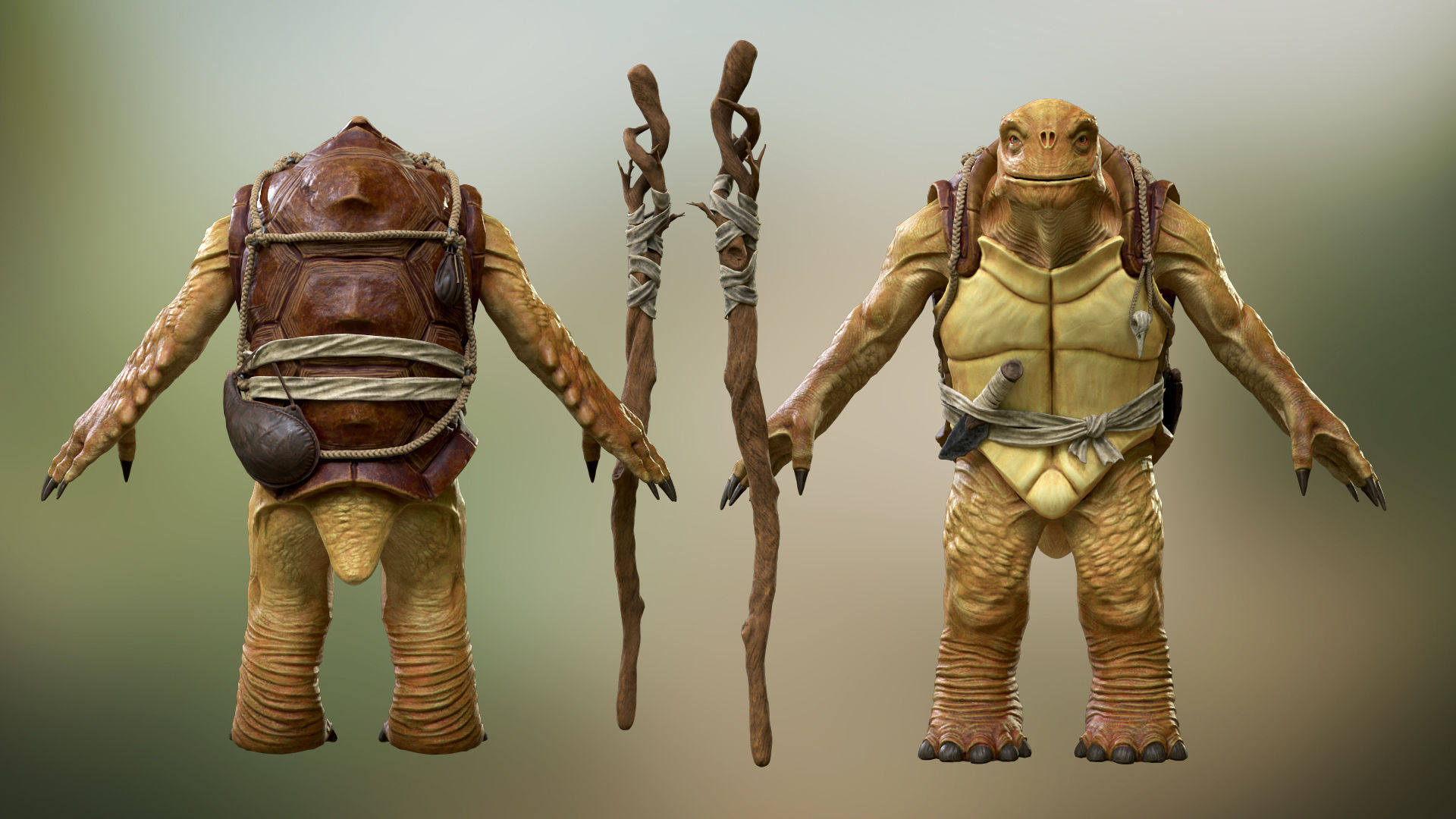 Turtle star wars character in woods with stick Low-poly 3D model_4