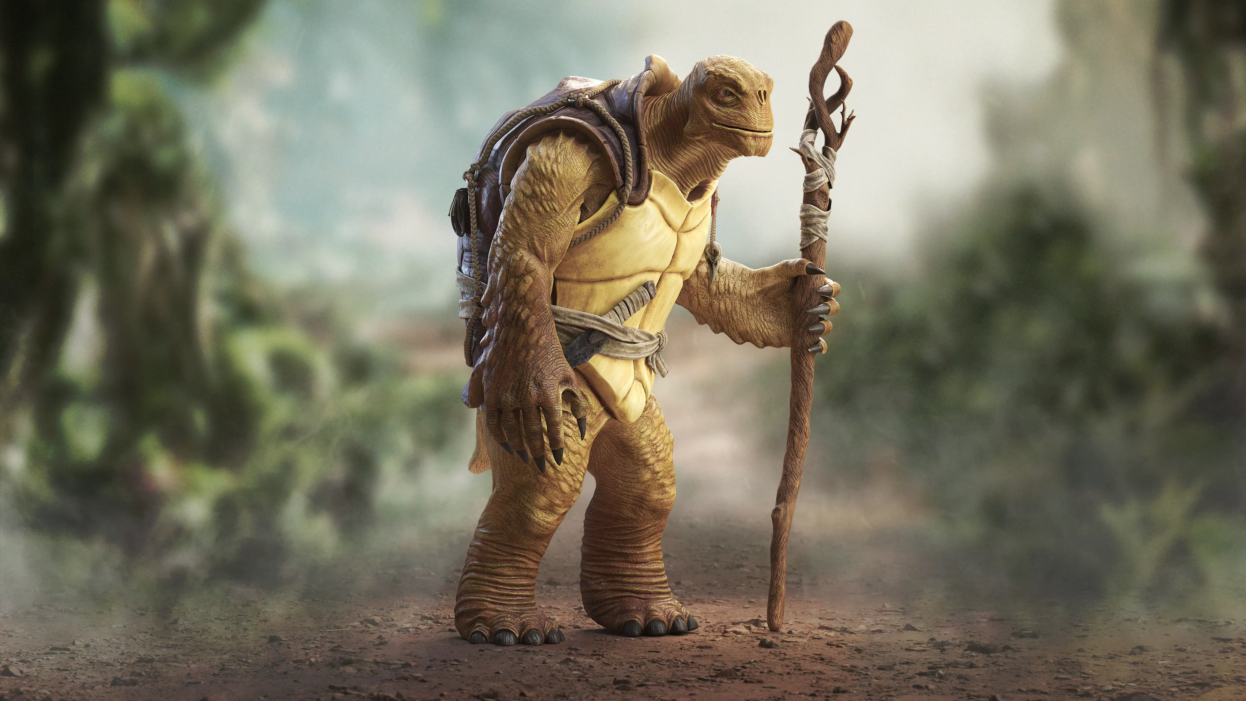 Turtle star wars character in woods with stick Low-poly 3D model_0