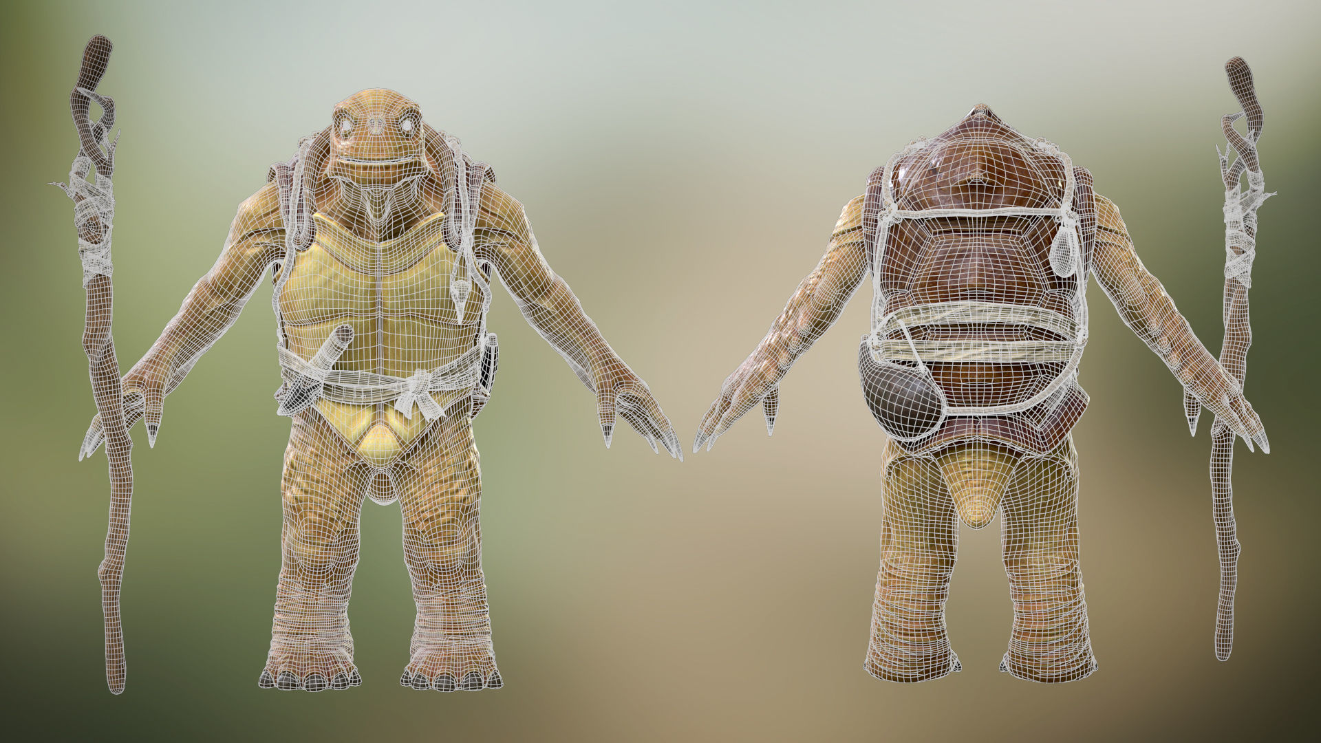 Turtle star wars character in woods with stick Low-poly 3D model_5