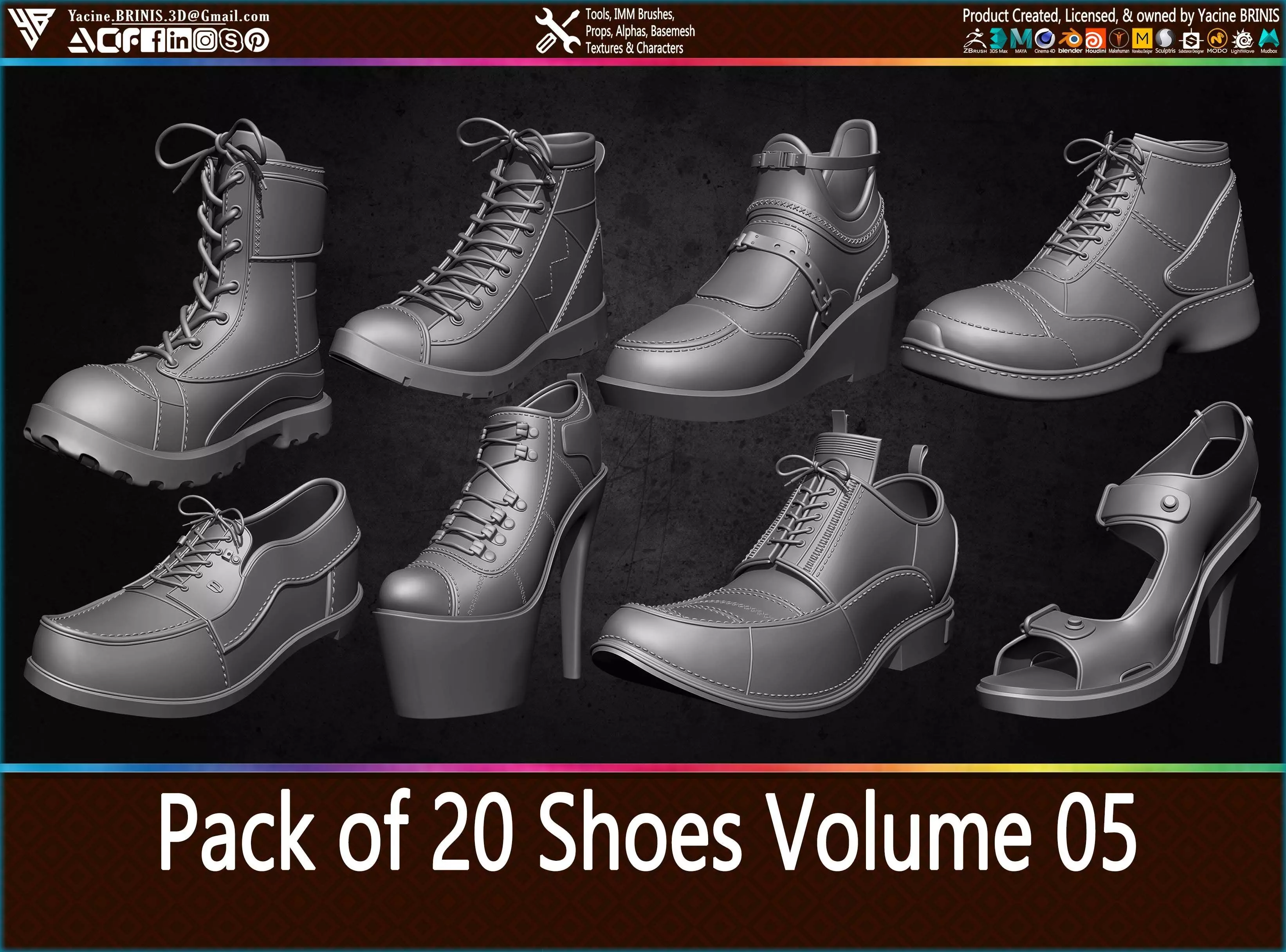 Pack of 20 Shoes Volume 05 Low-poly 3D model_0