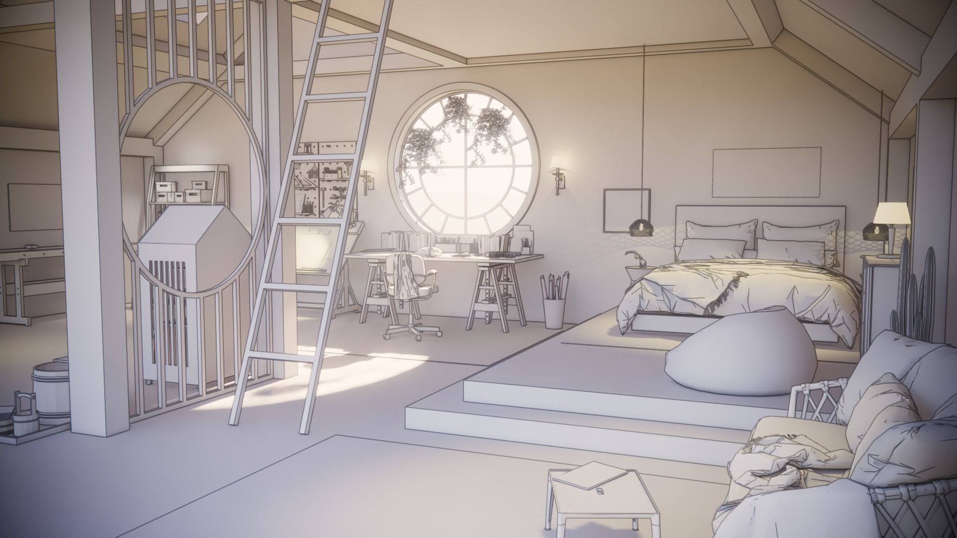 Carpenter  cabin of architect Low-poly 3D model_7