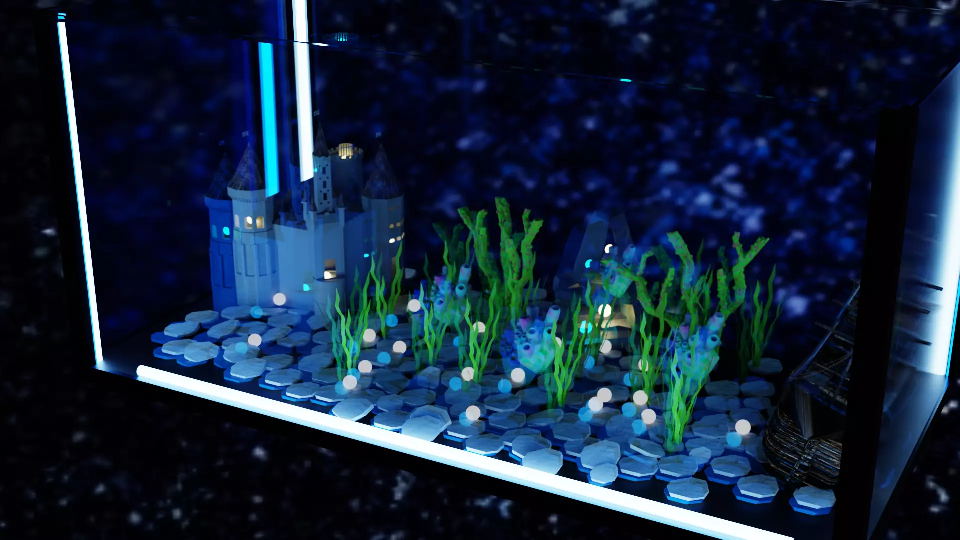 aquarium fish tank with castle in it Low-poly 3D model_0