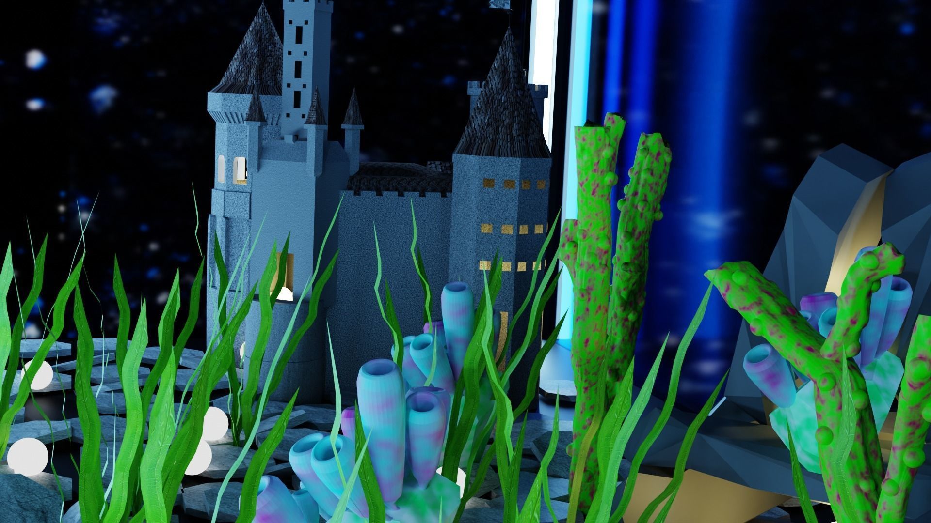 aquarium fish tank with castle in it Low-poly 3D model_1