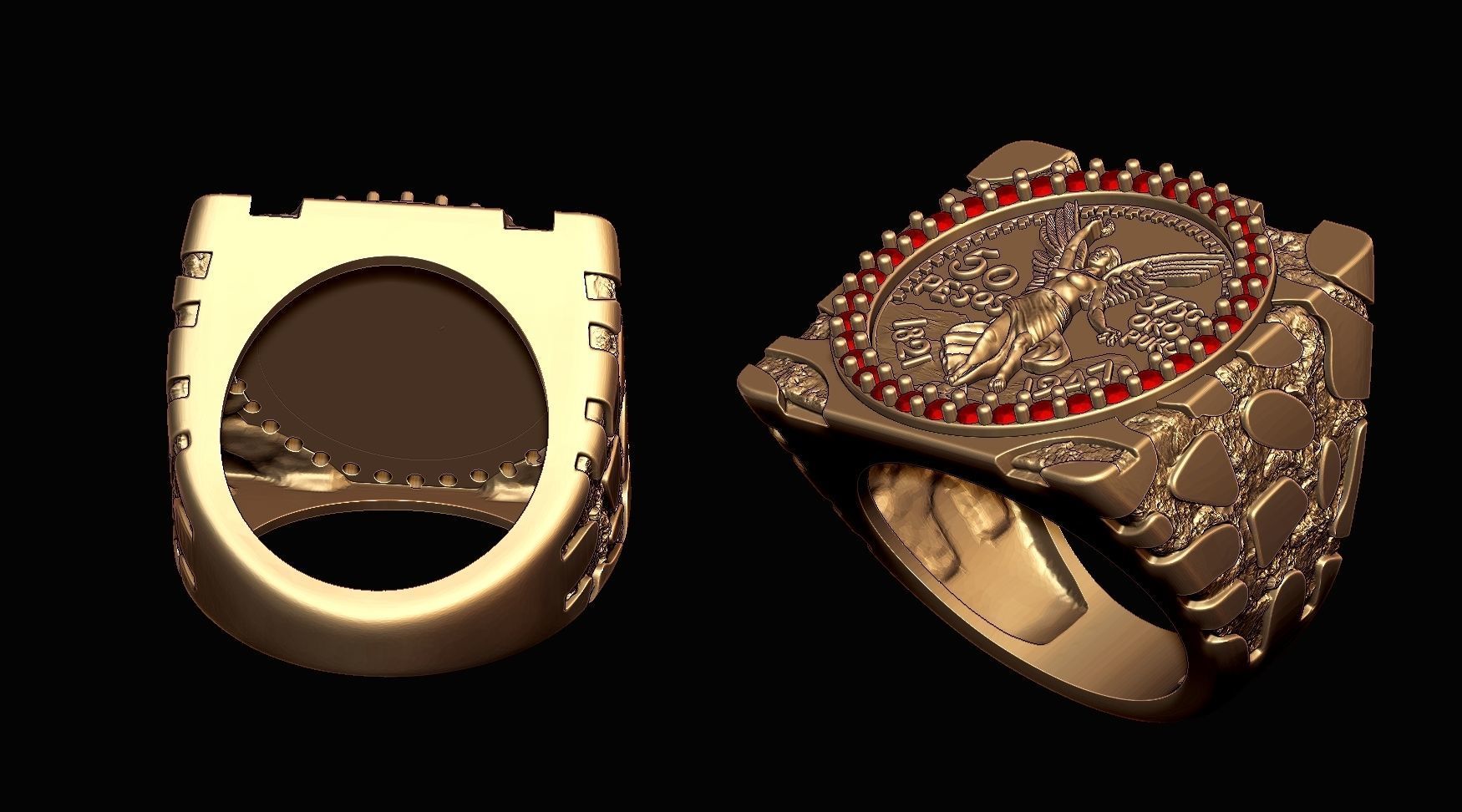Wings of Victory Gold Coin Nugget Ring 3D print model_3