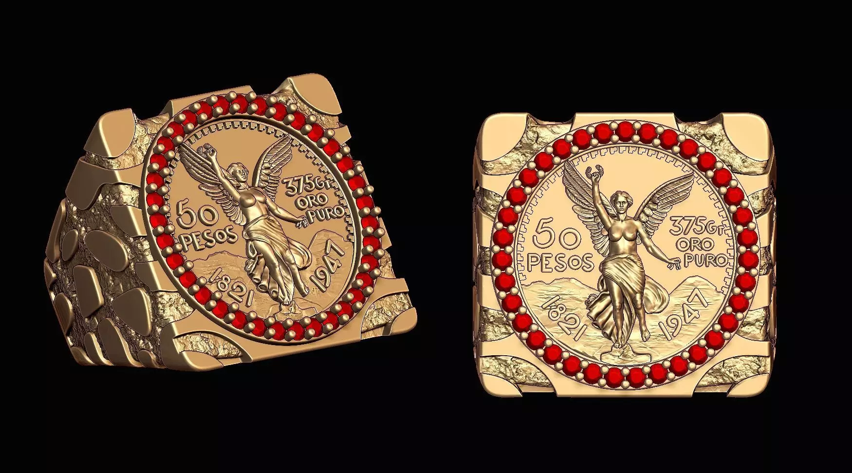 Wings of Victory Gold Coin Nugget Ring 3D print model_0