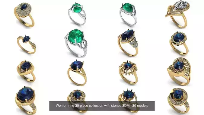 Women ring 30 piece collection with stones 3DM