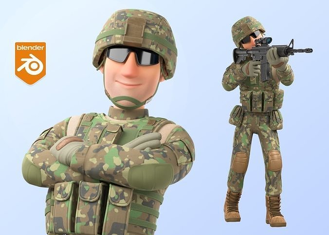Cartoon Soldier Man Army Character  Rigged Low-poly 3D model