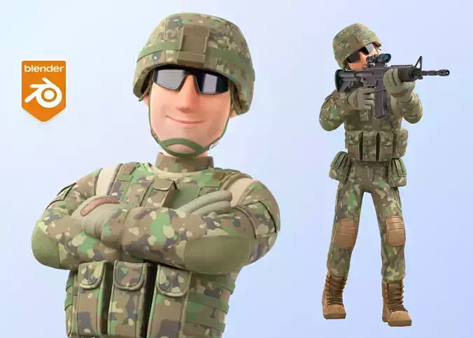 Cartoon Soldier Man Army Military Character  Rigged Low-poly 3D model