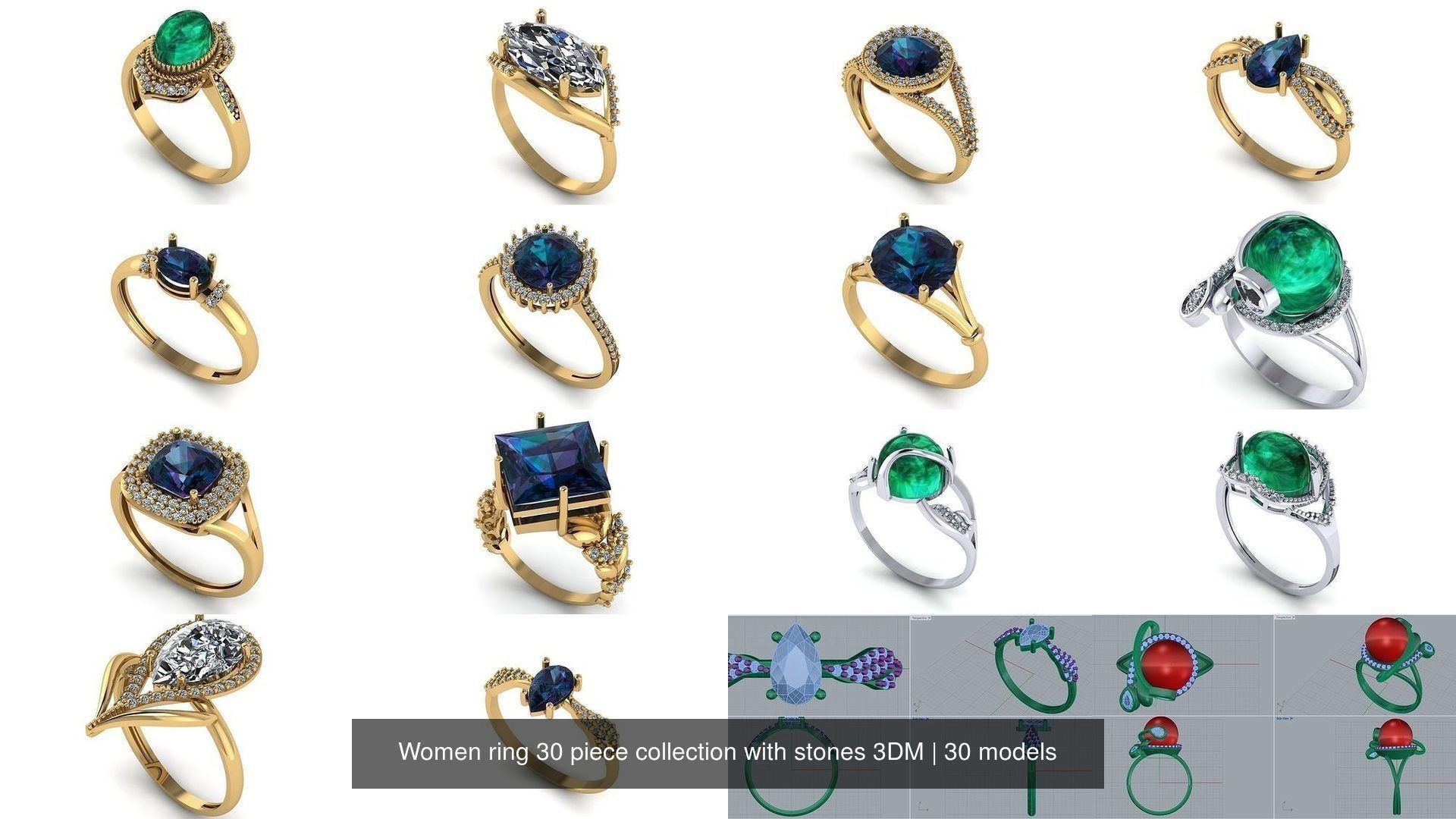 Women ring 30 piece collection with stones 3DM _2