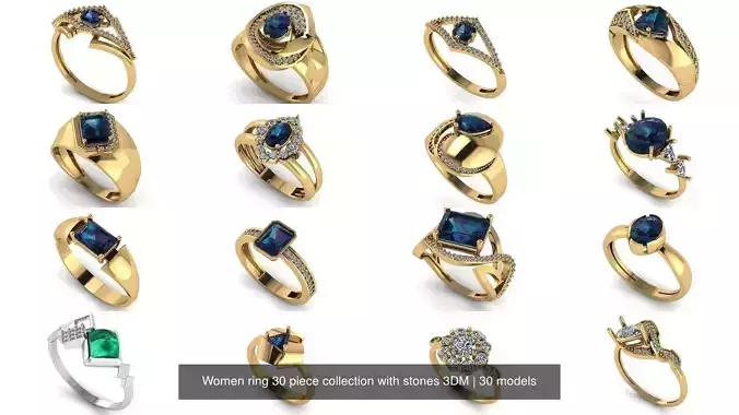 Women ring 30 piece collection with stones 3DM