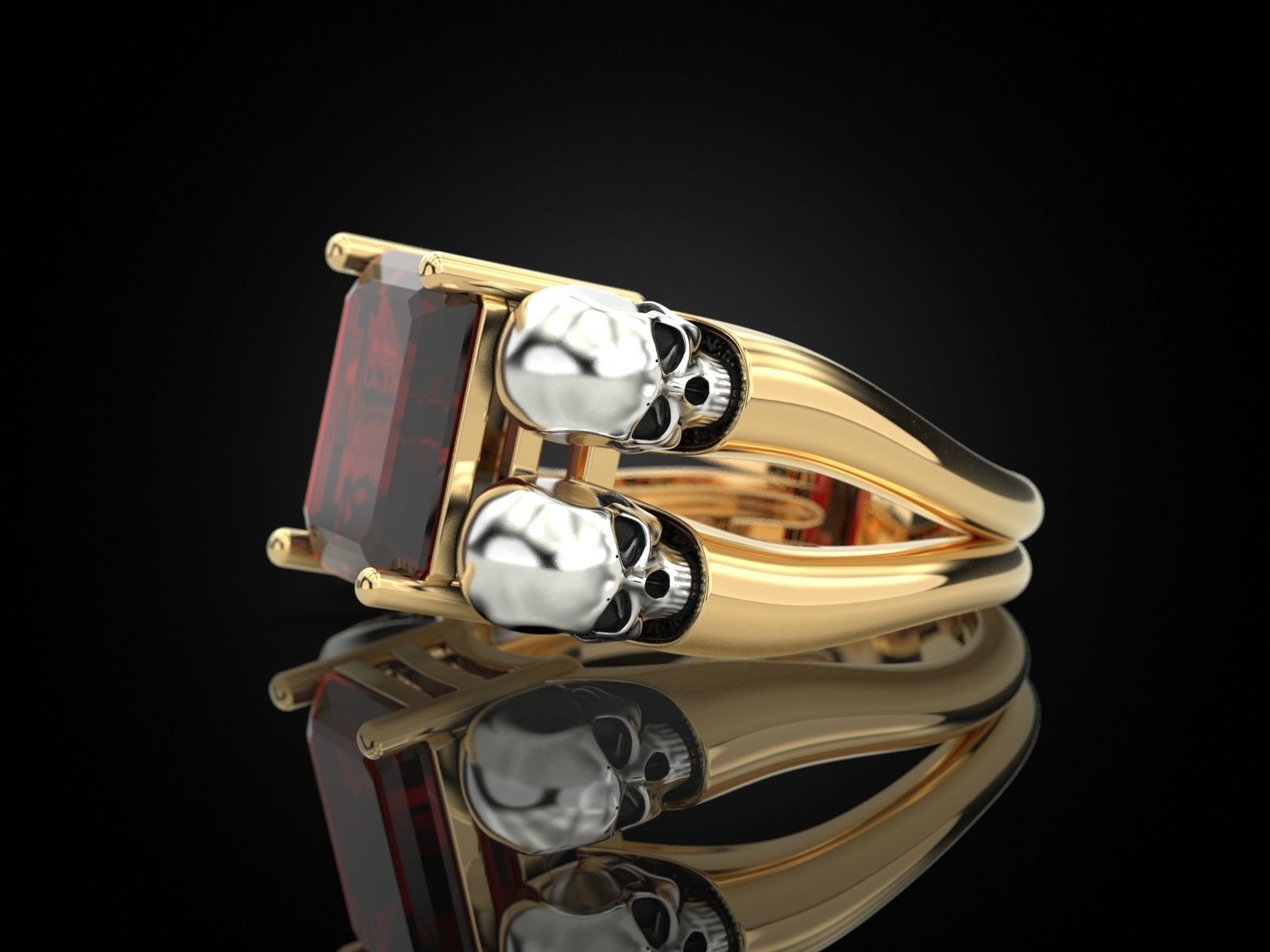 Emerald ring with skulls 3D print model_2