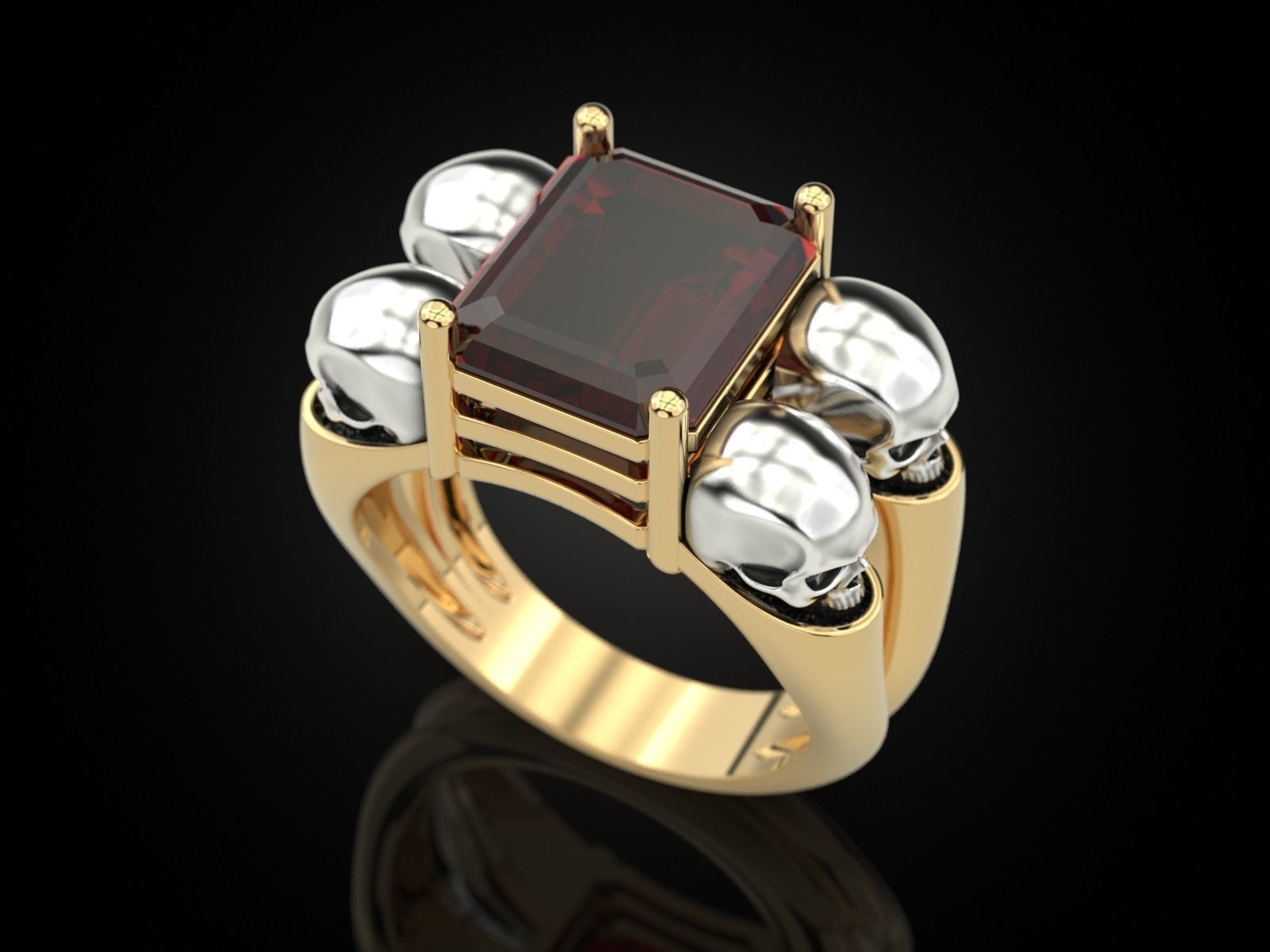 Emerald ring with skulls 3D print model_3